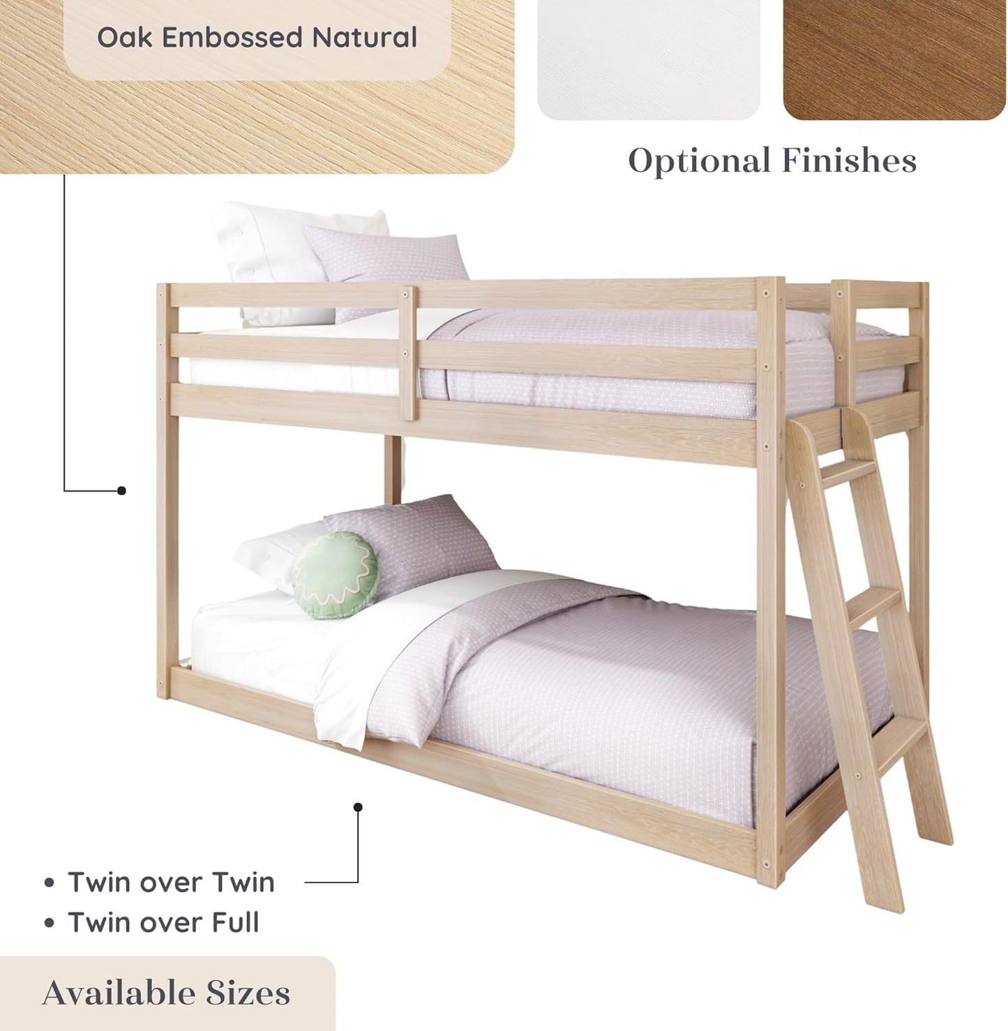 Grain & Grove Bear Twin Over Twin Bunk Bed, Low Bunk Bed Frame for Kids, Bunk with Ladder, Guardrail and Slats, No Box Spring Required, Oak Embossed Natural