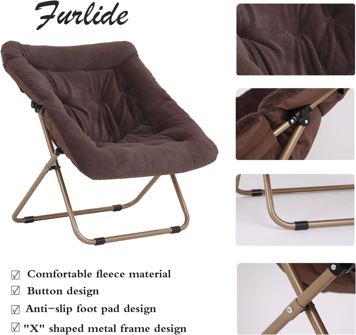 Saucer Chair, Comfy Bedroom Chairs, Oversized Folding Faux Fur Chair, Foldable Metal Frame Chair for Bedroom, Living Room, Balcony, Patio, Study, Playroom (Coffee)