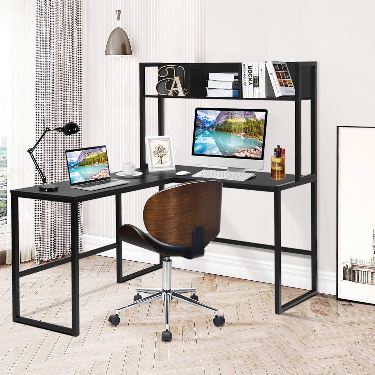 Tangkula Reversible L-Shaped Desk with Hutch, Space Saving Corner Computer Desk with Storage Shelves, Home Office Study Writing Desk Computer Workstation with Storage Bookshelf, Gaming Desk