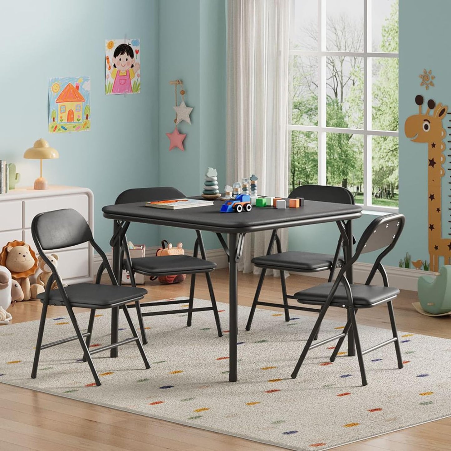 IDEALHOUSE 5 Piece Folding Kids Table and Chairs Set, Children Activity Table and Chairs Set for Dining Room,Daycare,Classrooms