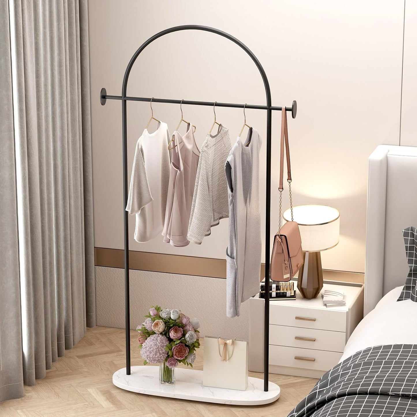 Black Clothing Rack, Modern Clothes Rack with Shelf, Heavy Duty Freestanding Coat Rack, Metal Coat Hanger Stand with Hooks for Boutique Office