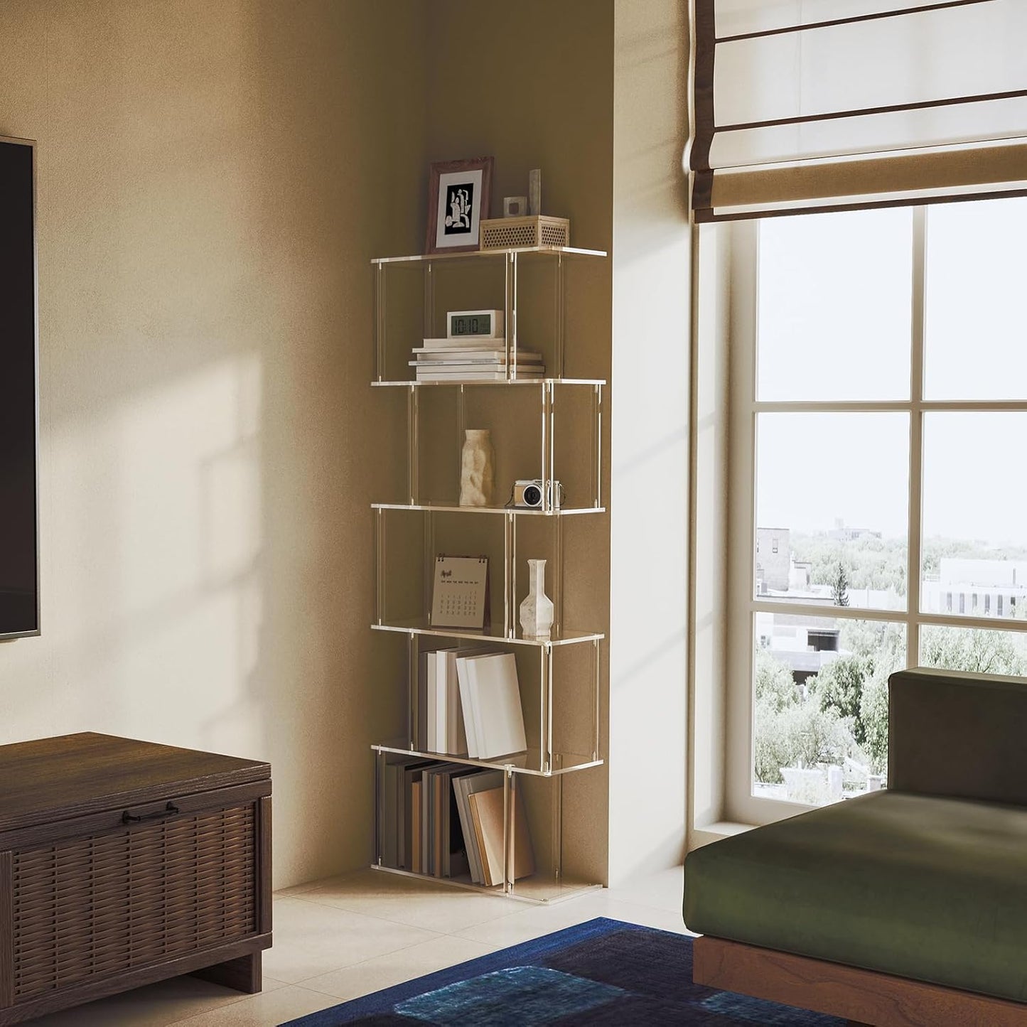 Acrylic Geometric Bookshelf, 6-Tier Clear Bookcase, S Shaped Bookshelf, Modern Display Book Shelf for Living Room, Bedroom, Office, 9.3" D x 22.4" W x 61.46" H, Easy Assembly