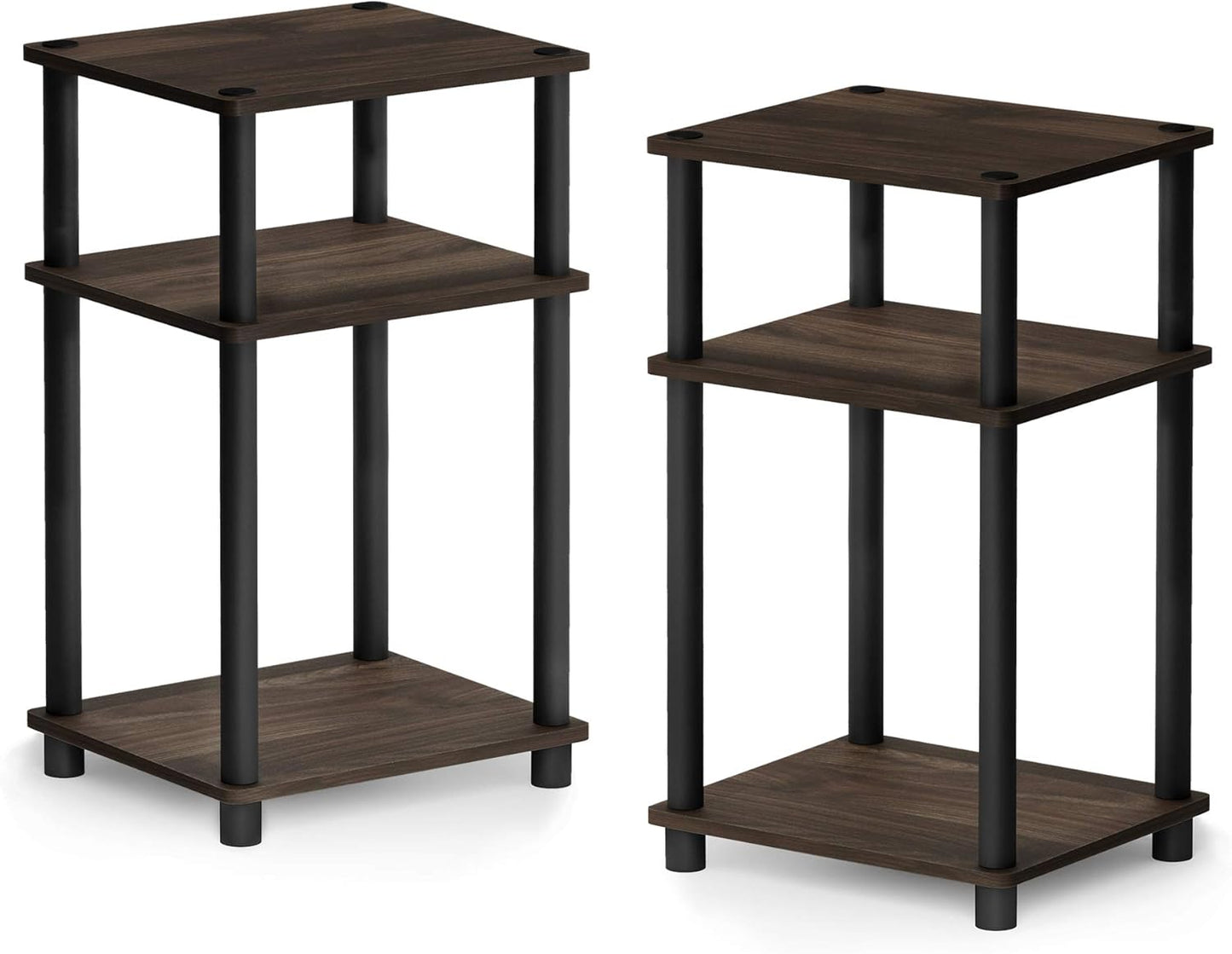 Furinno Just 3-Tier Turn-N-Tube End Table / Side Table / Night Stand / Bedside Table with Plastic Poles, 2-Pack, Columbia Walnut/Black