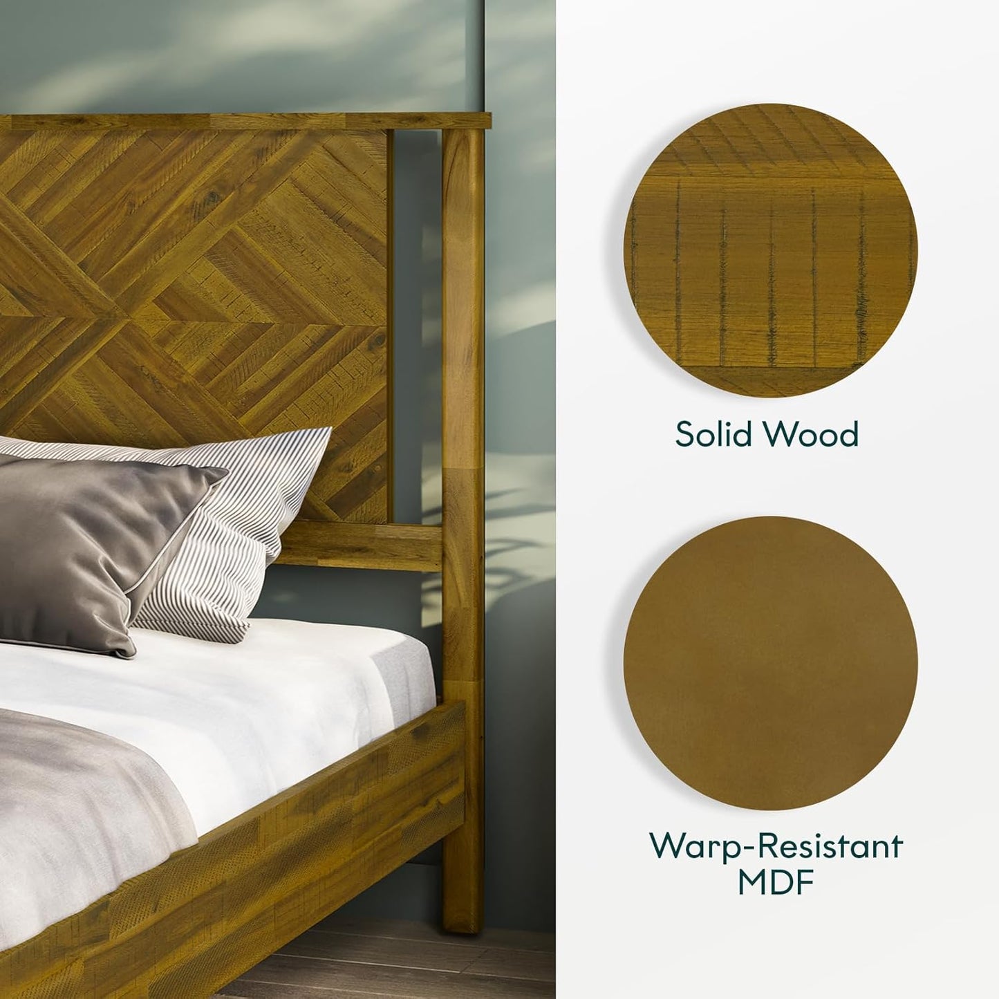 Bme Ethan Solid Wood King Bed Frame with Diamond Headboard - Rustic & Mid-century Modern - Acacia Wood Platform Bed - Compatible with All Mattresses - No Box Spring Needed - Rustic Dark Brown