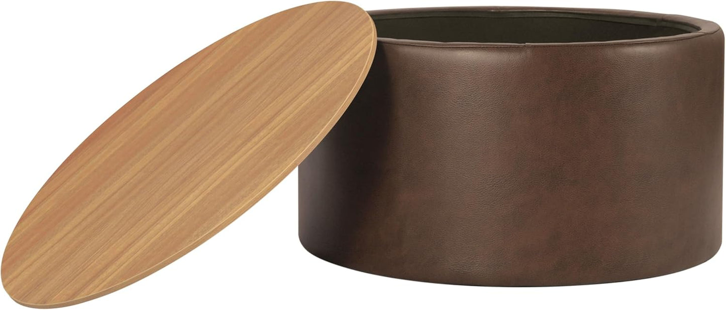 HomePop Modern Fabric Storage Ottoman with Wood Top - Faux Brown Leather