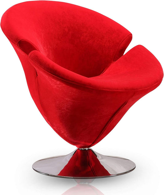 Manhattan Comfort Tulip Swivel Accent Chair with 360° Turn, Modern Flower Inspired Design, Soft Velvet Upholstery, Polished Chrome Base, No Assembly Required, 300 Lbs Capacity, Red