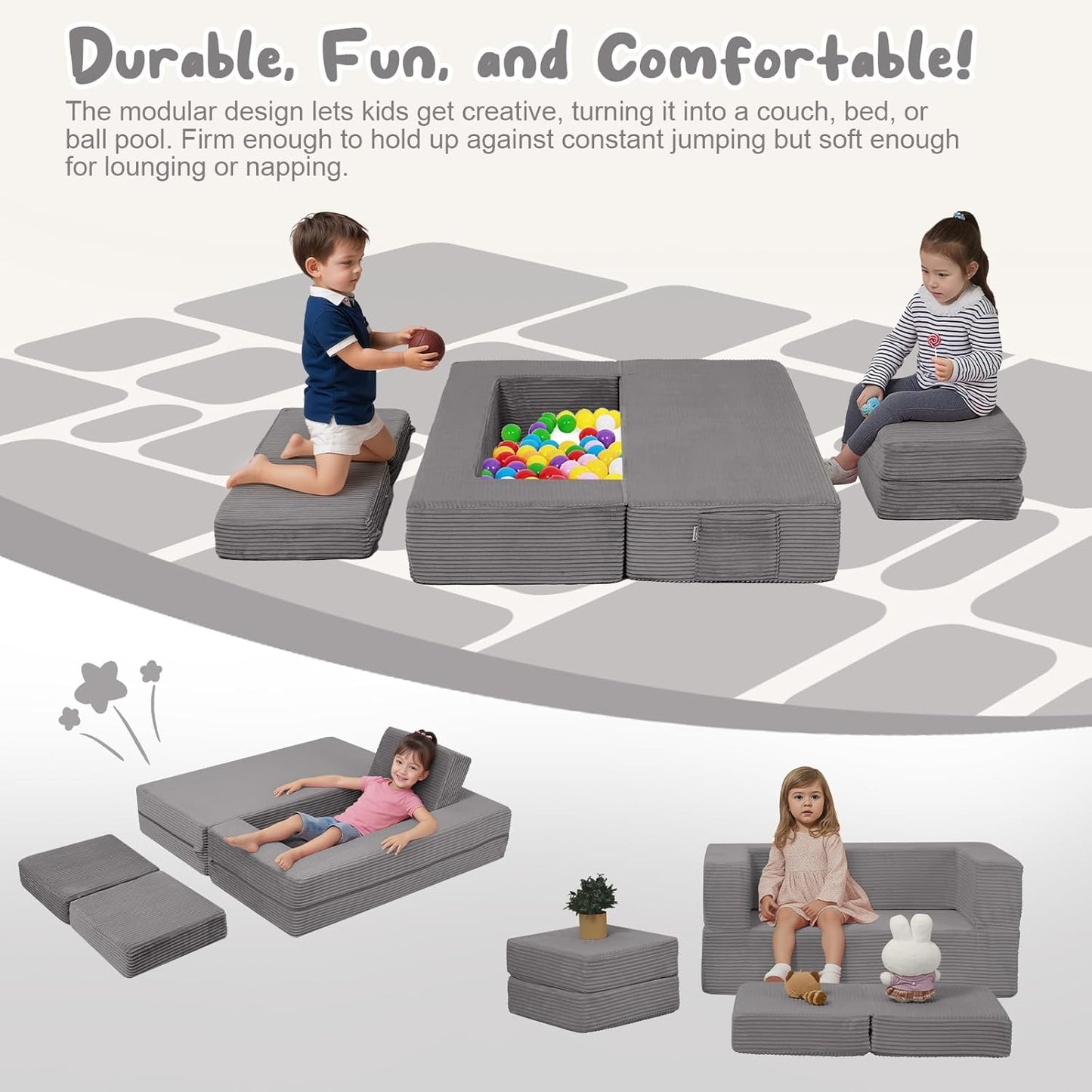 MeMoreCool Modular Kids Couch, Corduroy Play Toddler Couch for Bedroom Playroom Furniture, Convertible Foam Kids Sofa Bed, Fold Out Baby Sofa for Girl Boy, Light Grey