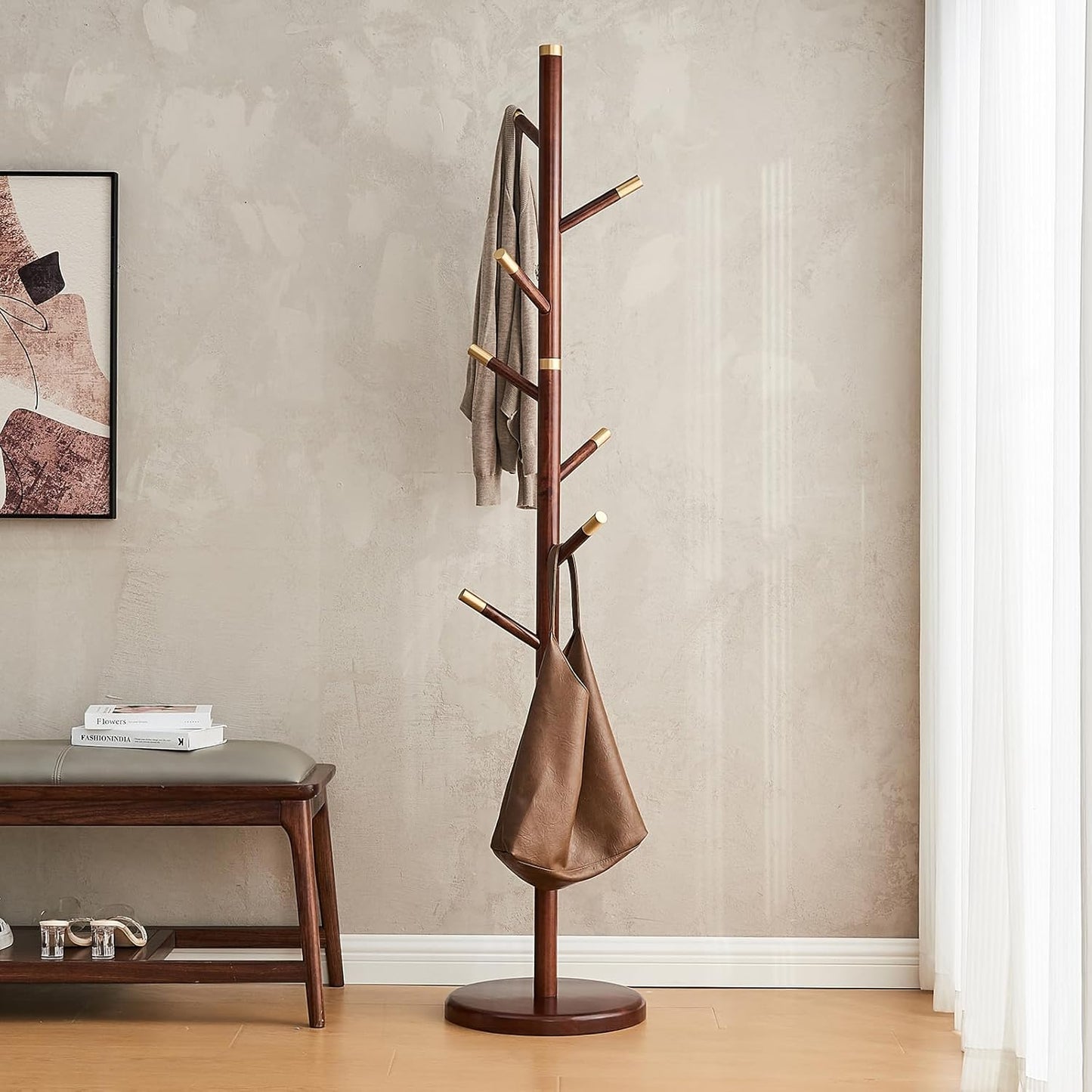 CozyDH Coat Rack Freestanding Solid Wood Coat Rack Stand, Coat Tree Freestanding with 7 Hooks Creative Tree Branch-look for Entryway, Hallway, Bedroom (Walnut)