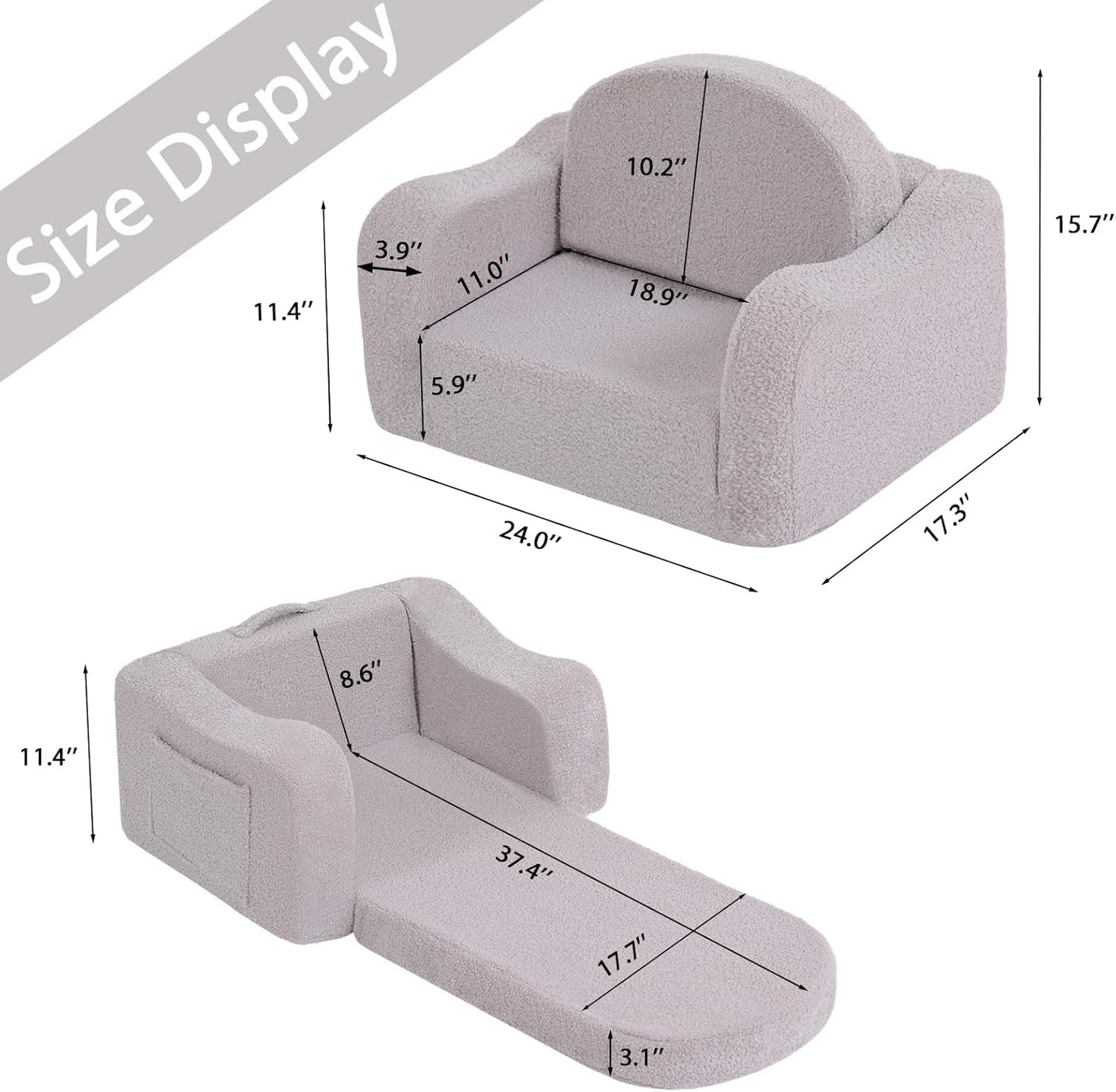Welnow Kids Sofa, 2-in-1 Soft Sherpa Toddler Chair, Convertible Toddler Couch Lounger, Flip Out Kids Couch Chair with Side Pockets & Removable Cover for Girls and Boys, Grey