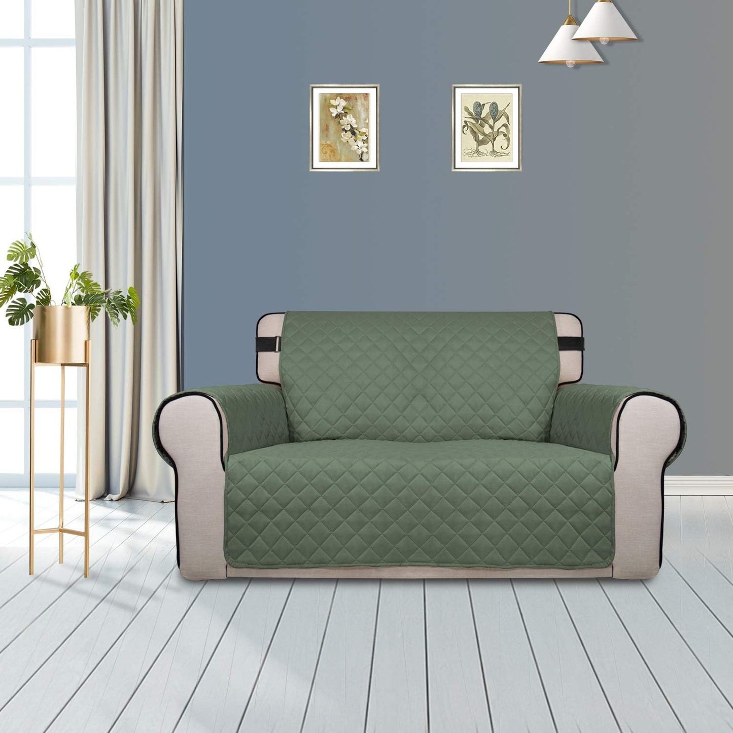 PureFit Reversible Sofa Cover Water Resistant Loveseat Couch Cover, Machine Washable Furniture Cover with Non-Slip Foam and Adjustable Strap for Dogs, Pets (Loveseat, Grayish Green/Ivory)