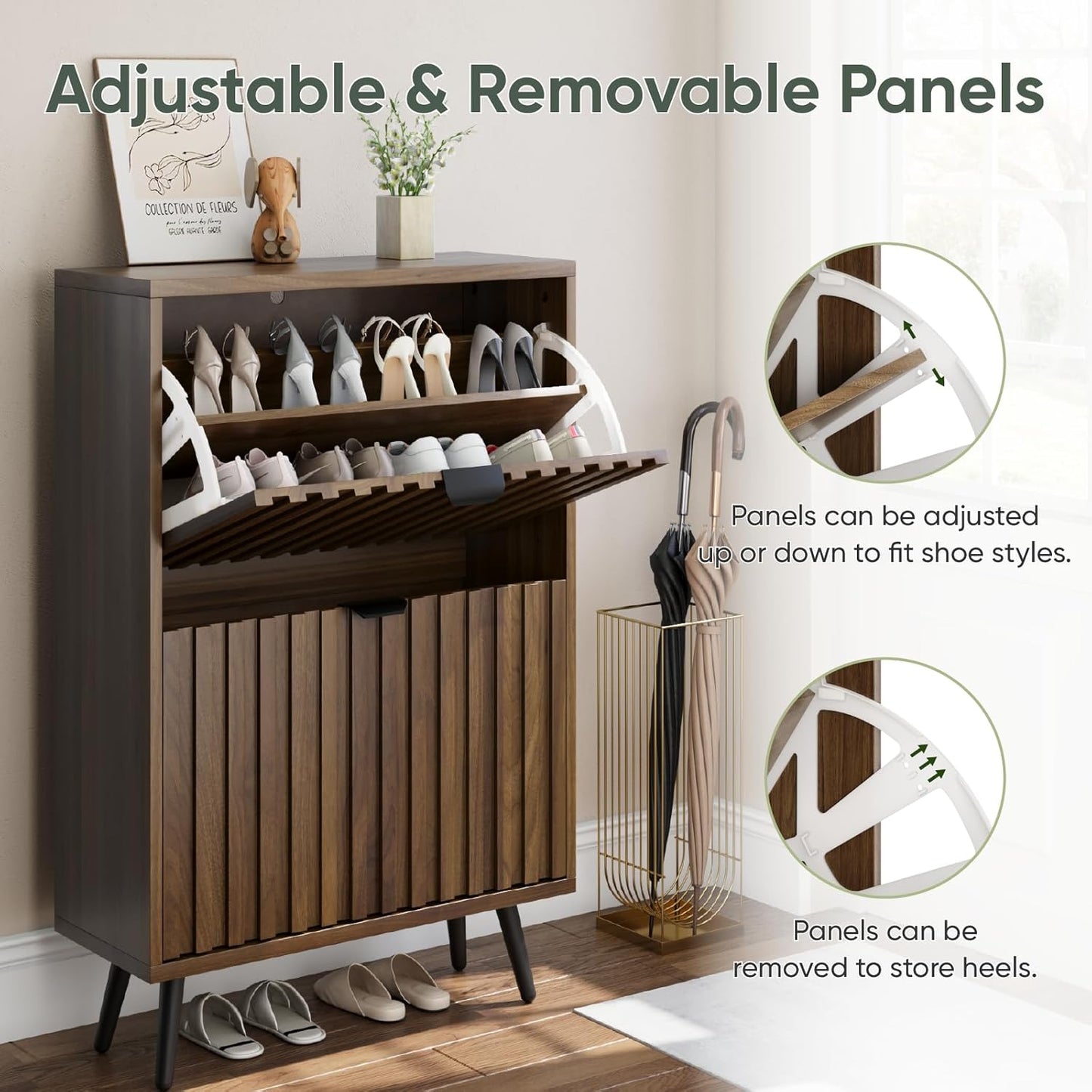 Smuxee Shoe Cabinet with 2 Flip Drawers, 23.6" Walnut Hidden Shoe Storage Cabinet with Fluted Design, Freestanding Shoe Organizer Cabinet for Entryway, Hallway, Closet, Living Room