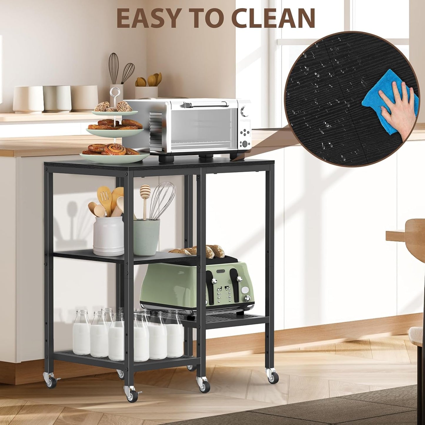 Kitchen Microwave Cart,Microwave Stand with Wheels,Coffee Bar Table Station,4-Tier Rolling Baker's Rack,Small Appliance Storage Shelf,Utility Side Table for Kitchen,Living Room (Black)