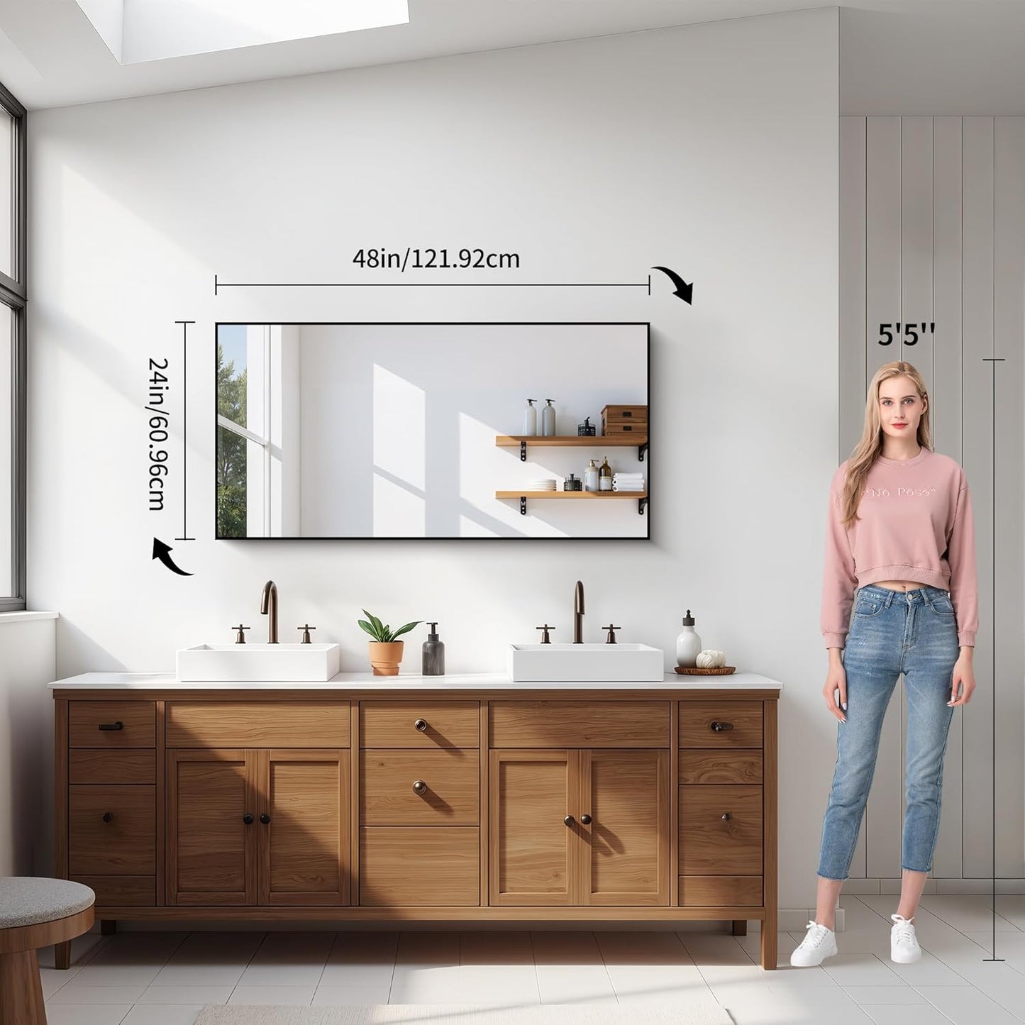 YIROMAN Bathroom Mirror 48"x24", Large Matte Black Bathroom Mirror for Over Sink with Aluminum Frame, Rectangular Vanity Mirror with Right Angle, Wall Mirror Hangs Horizontal or Vertical, Shatterproof