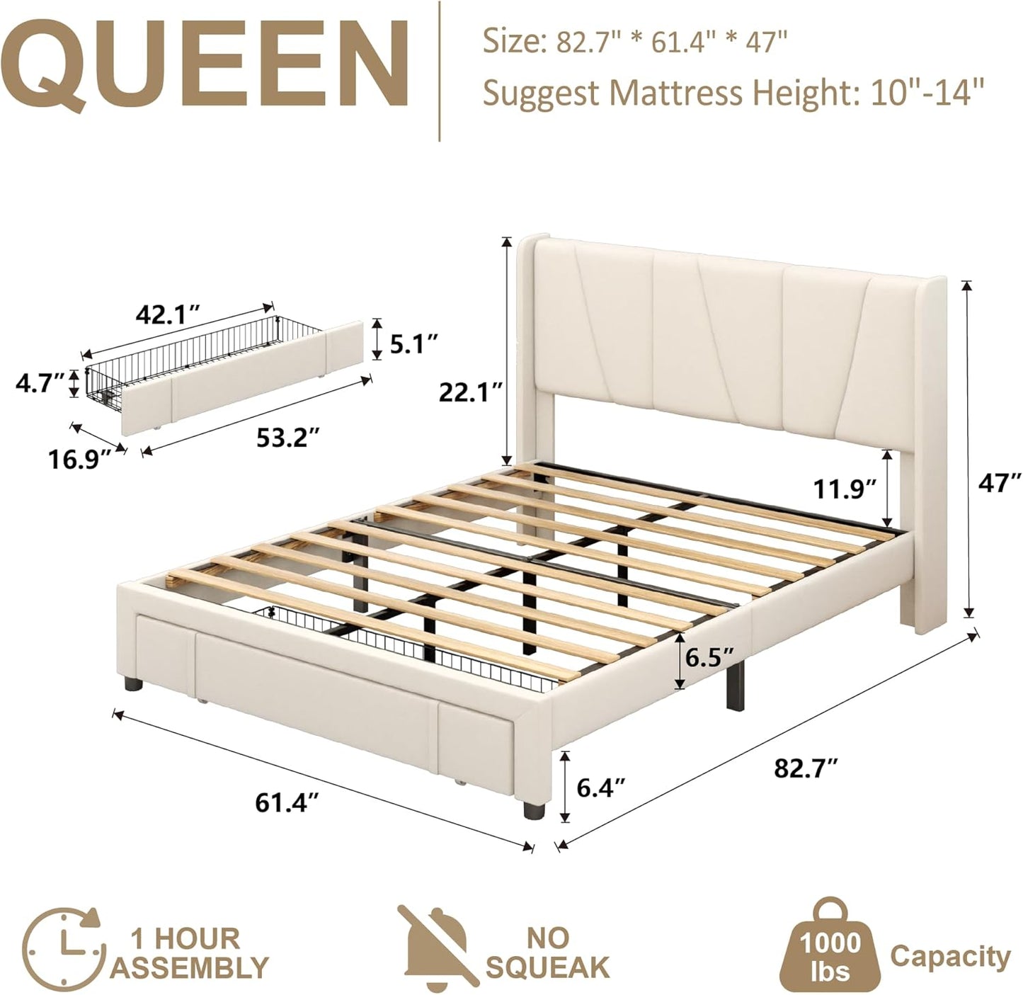 Queen Bed Frame with Storage Drawers, Upholstered Platform Bed with Headboard and Wingboard, No Box Spring Needed, Noise Free, Easy Assembly, Wooden Support Slats, Beige