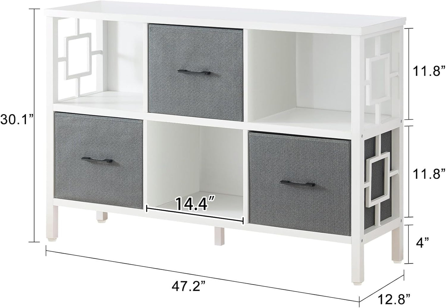 HOMISSUE 6 Cube Storage Organizer Shelf, Rustic Short Bookshelf with 3 Storage Bins, Industrial Horizontal Bookshelf with Metal Frame, Low and Wide Cube Bookcase for Living Room and Office, White