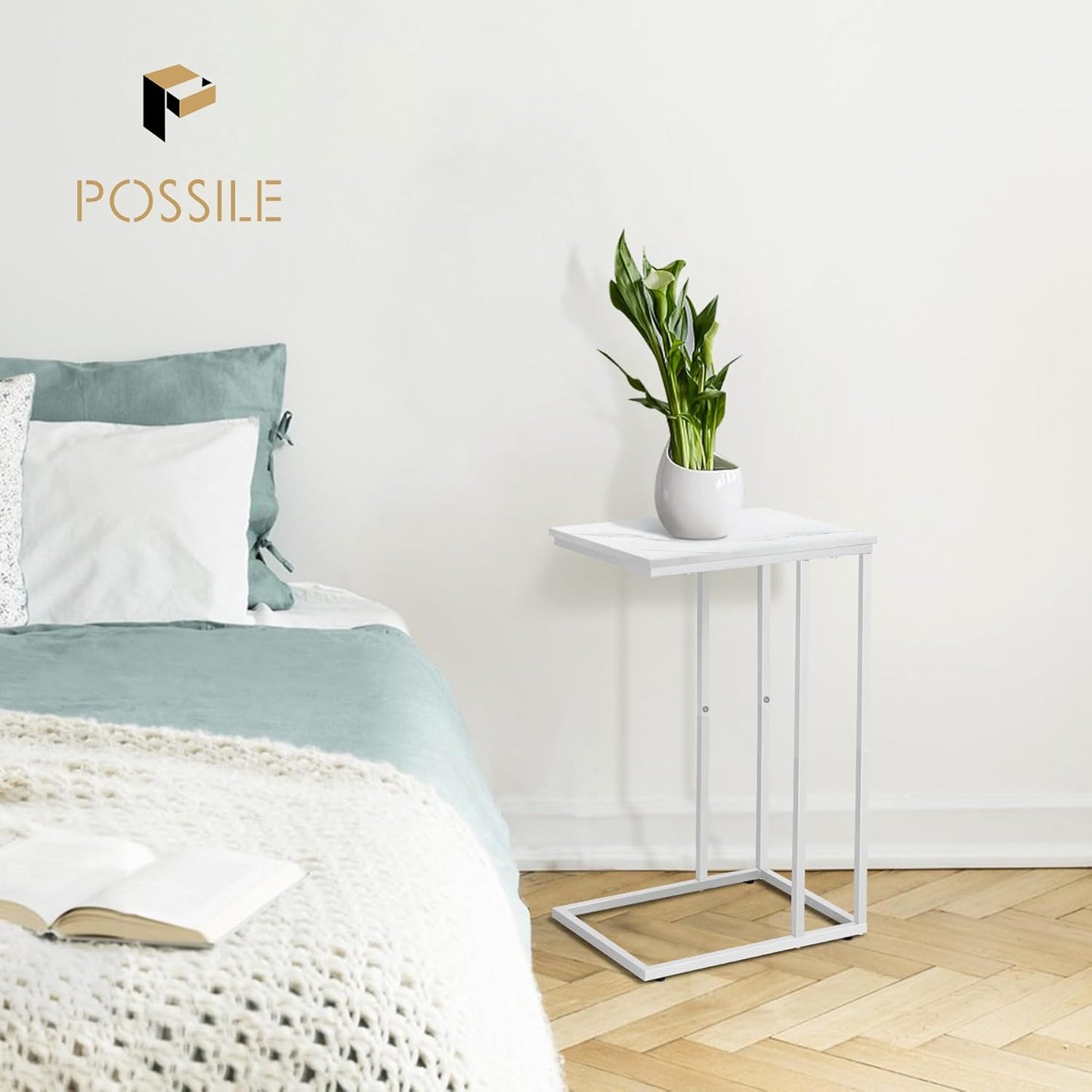 C Shaped End Table Set of 2 for Sofa and Bed, Slide Under Couch Tables, Side Table With Faux Marble Top, Small Under Table Tray for Living Room, Bedroom, White