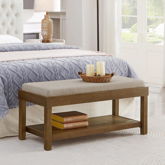 24KF Large Rectangular Storage Bench,Upholstered Seat Cushion,Ottoman Coffee Table with Linen Removable Cushion for Living Room,Entryway Bench Bed Bench with Solid Wood Shelf,5069-Linen