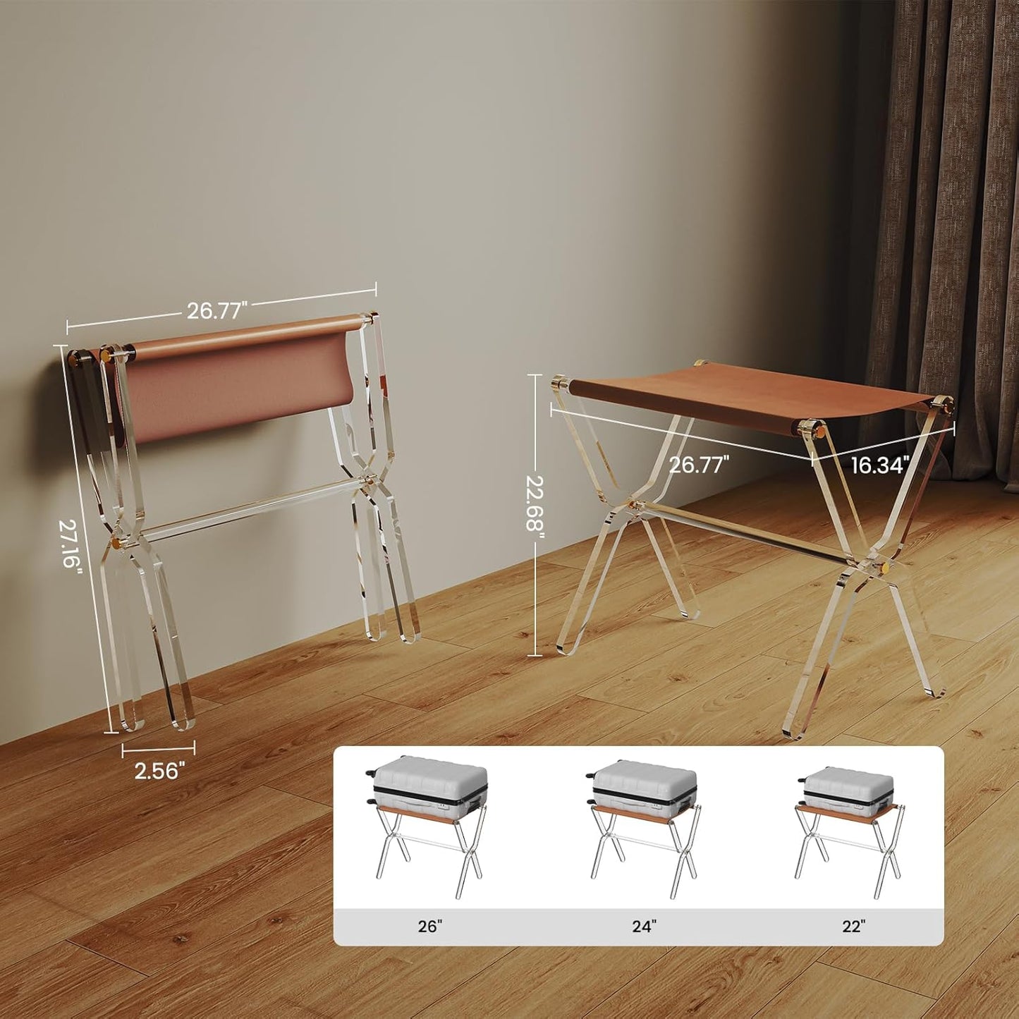 Sumerflos Acrylic Luggage Rack for Guest Room - Foldable Suitcase Stand with Leather Straps for Bedroom Living Room Hotel Heavy-Duty, Holds up to 50-100 lb lightweight Space Saving (Brown(whole) - 1 Pcs)