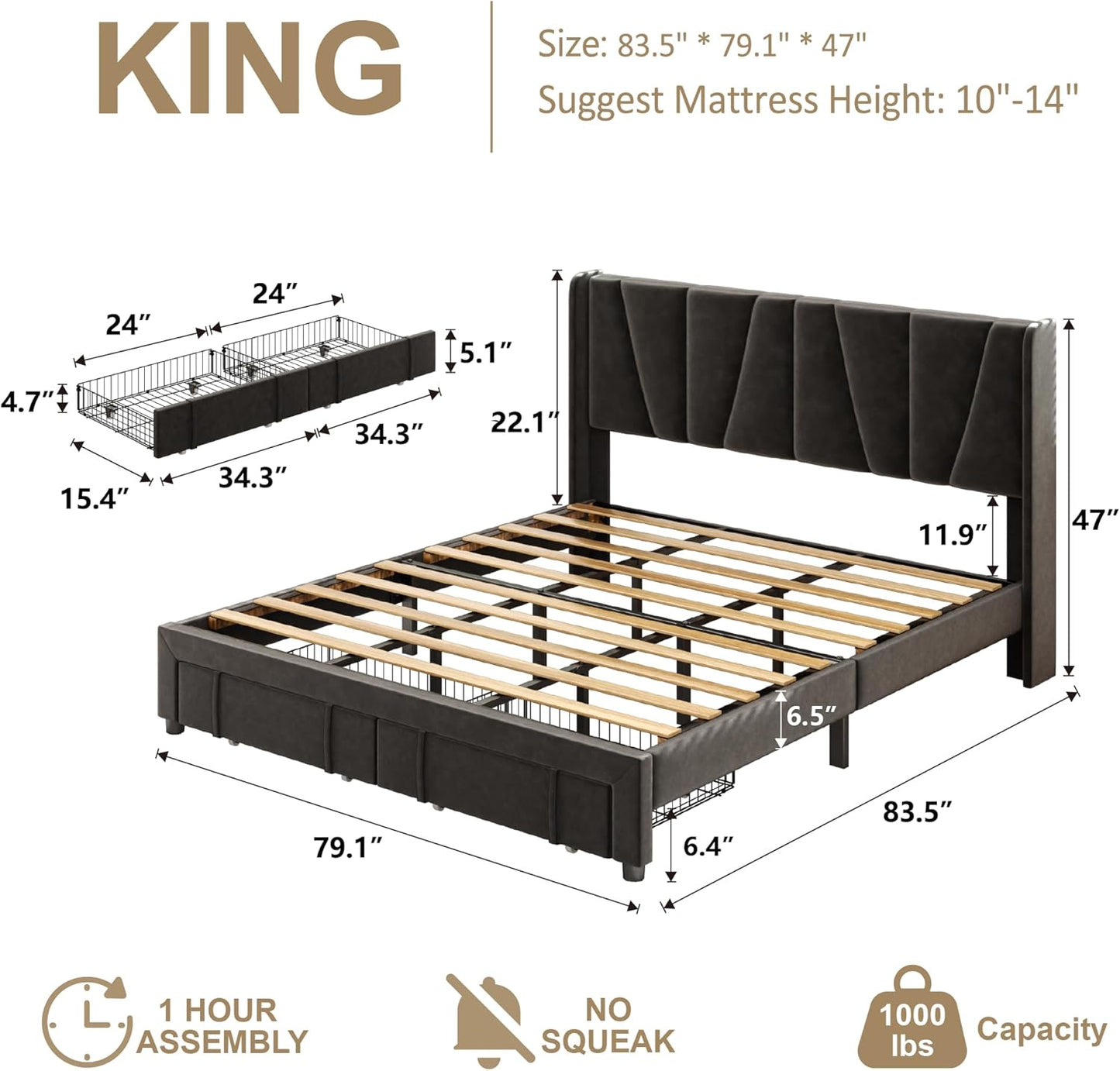 King Bed Frame with Storage Drawers, Upholstered Platform Bed with Headboard and Wingboard, No Box Spring Needed, NO Noise, Easy Assembly, Wooden Support Slats, Black