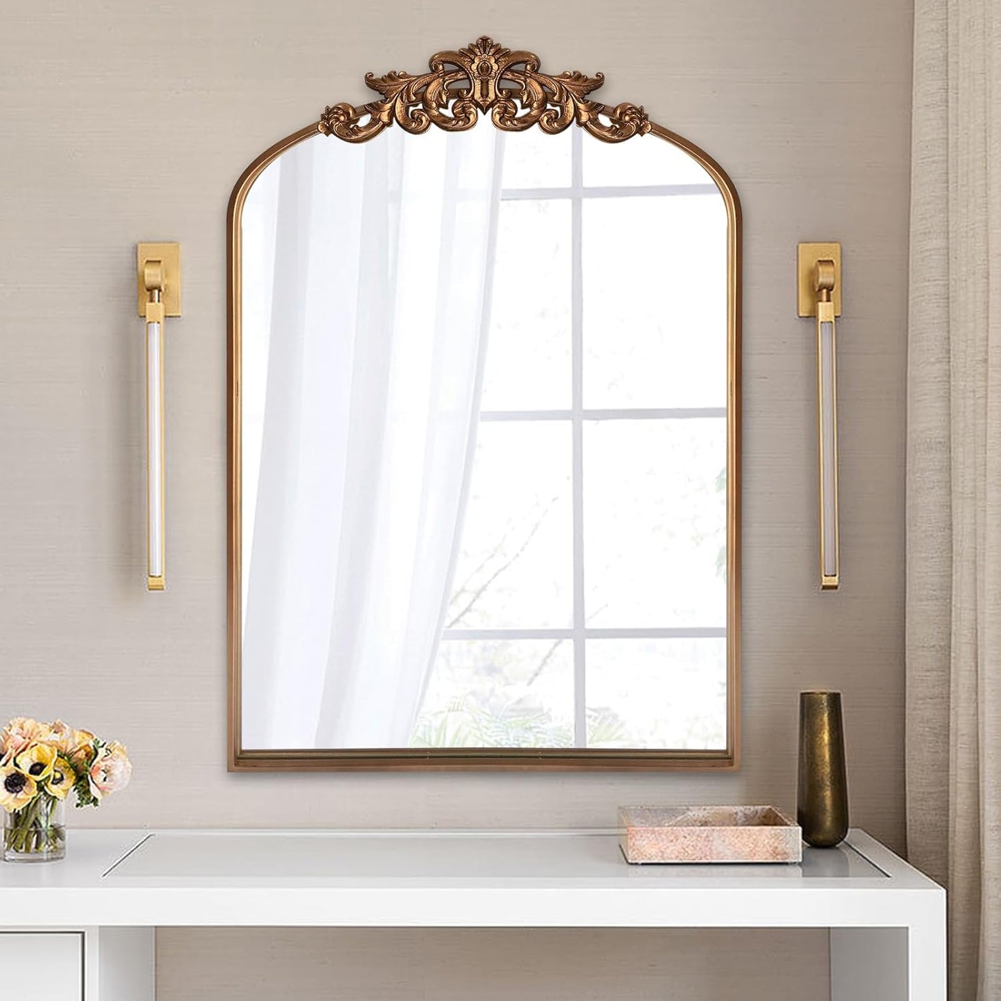 WAMIRRO Ornate Gold Mirror,Vintage Arched Baroque Antique Mirorrs for Living Room/Hallway/Fireplace/Bathroom/Entryway 24"X36"