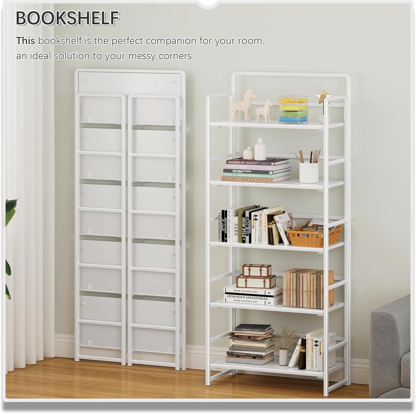 4NM No-Assembly 5 Tiers Folding Bookshelf Storage Shelves Vintage Bookcase Standing Racks Study Organizer Home Office (All White)
