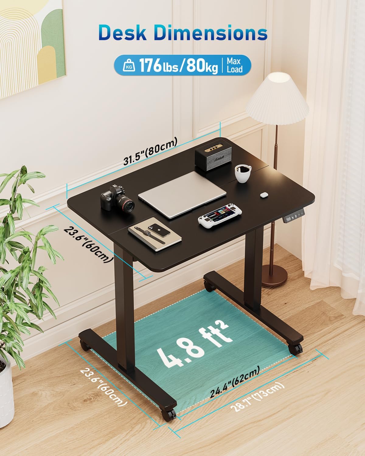 Small Height Adjustable Electric Standing Desk, 31.5" x 23.6" Sit Stand up Desk with Splice Board, Ergonomic Rising Computer Home Office Desk Table with Memory Preset, Black Frame/Black Top