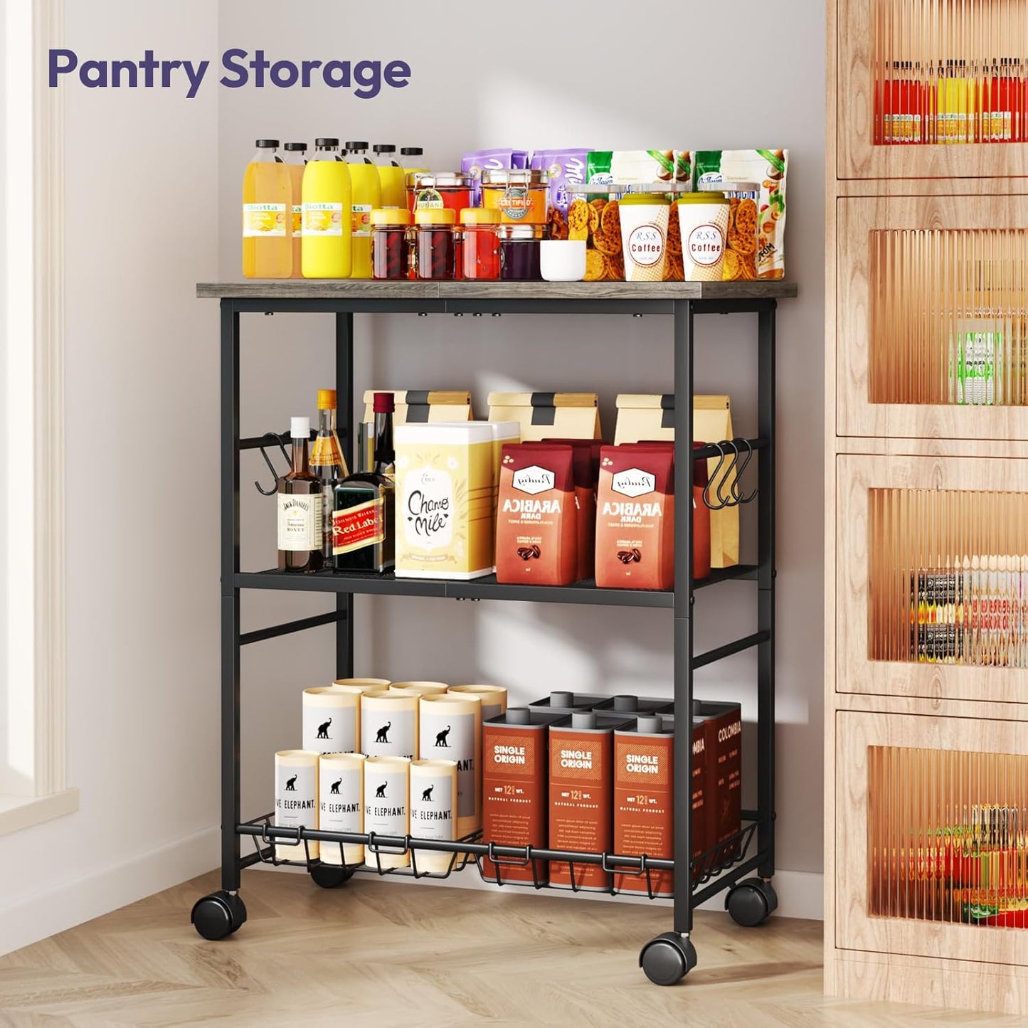 SWTYMIKI Rolling Kitchen Microwave Cart - 3 Tier Microwave Table Stand with Storage Basket and Hooks, Kitchen Utility Cart on Wheels, Coffee Cart Shelf Rack Organizer for Living Room Office, Balcony