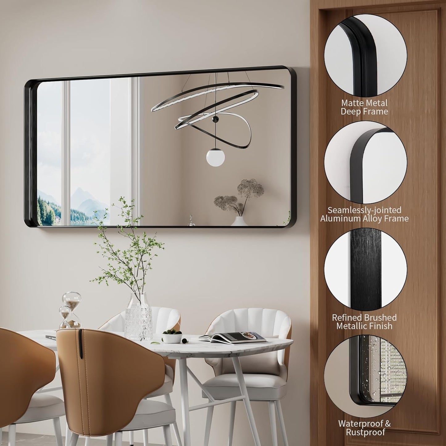 Koonmi Black Bathroom Mirror for Wall, 30x60 Inch Matte Metal Deep Framed Rounded Corner Wall Mirror, Shatterproof Tempered Glass for Farmhouse Bedroom Entryway, Vertically or Horizontally