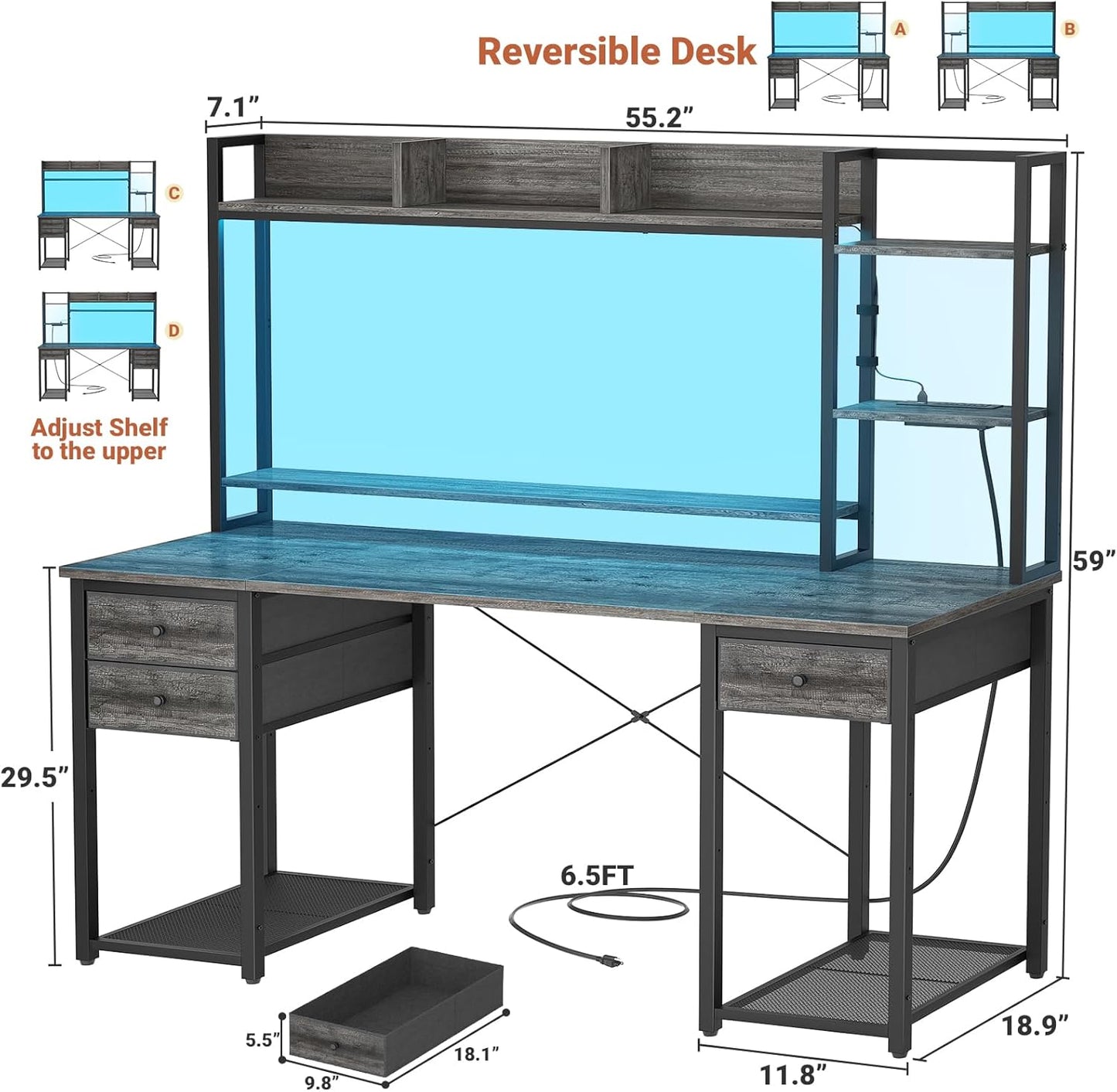 Aheaplus Gaming Desk With LED, Outlets, and Hutch - 55.2'' Computer Workstation With Drawers, Reversible Office Desk With Storage Bookshelf and Shelf - Large Home Desk, Black Oak
