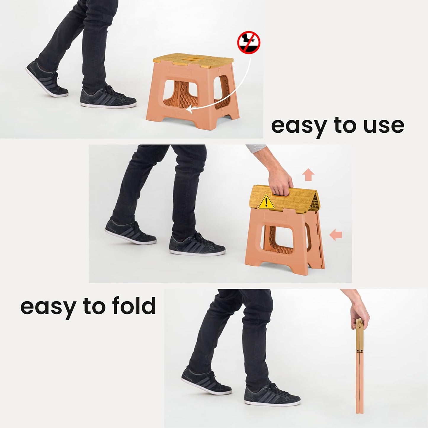 Vigar Compact Step Stool Foldable, 12-1/2-inch Step Stools for Adults up to 330 Pound, Lightweight Stool, Non-Slip Folding Step Stool, Sunrise Orange, Bamboo Print on Top