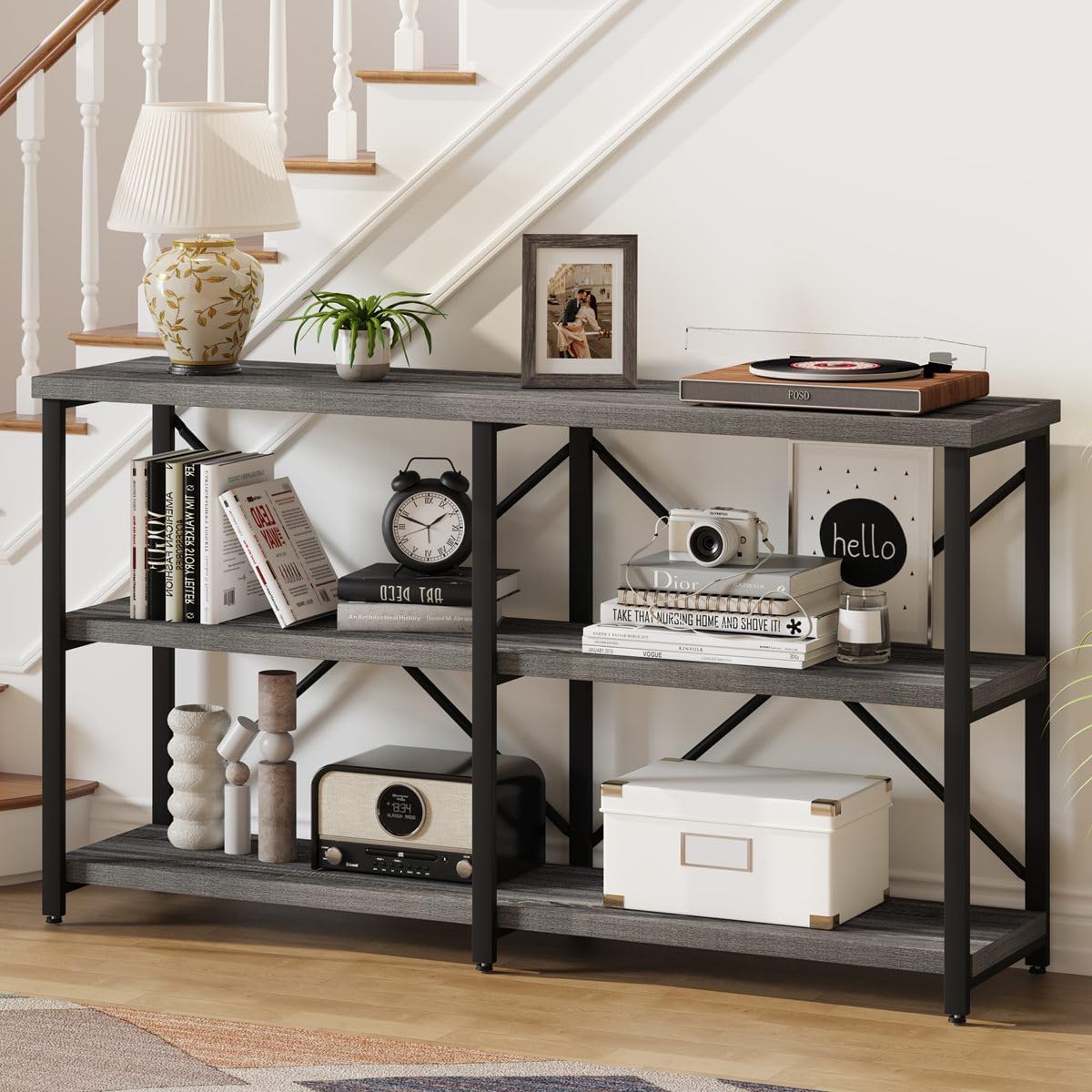 BON AUGURE 55 Inch Console Tables for Entryway, Industrial Sofa Tables for Living Room, 3 Tier Behind Couch Table, Foyer Table for Entry Way (Dark Grey Oak)