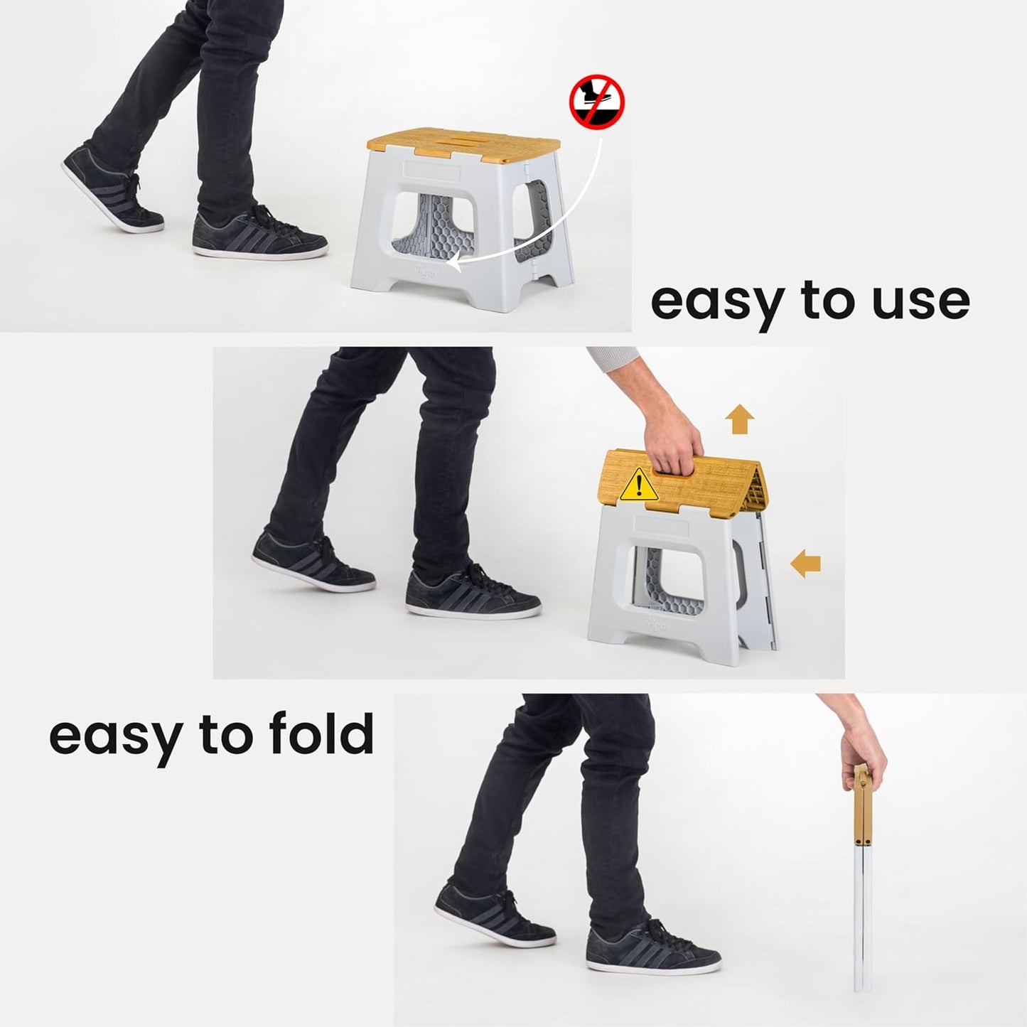 Vigar Compact Step Stool Foldable, 12-1/2-inch Step Stools for Adults up to 330 Pound, Lightweight Stool, Non-Slip Folding Step Stool, Grey, Bamboo Print on Top