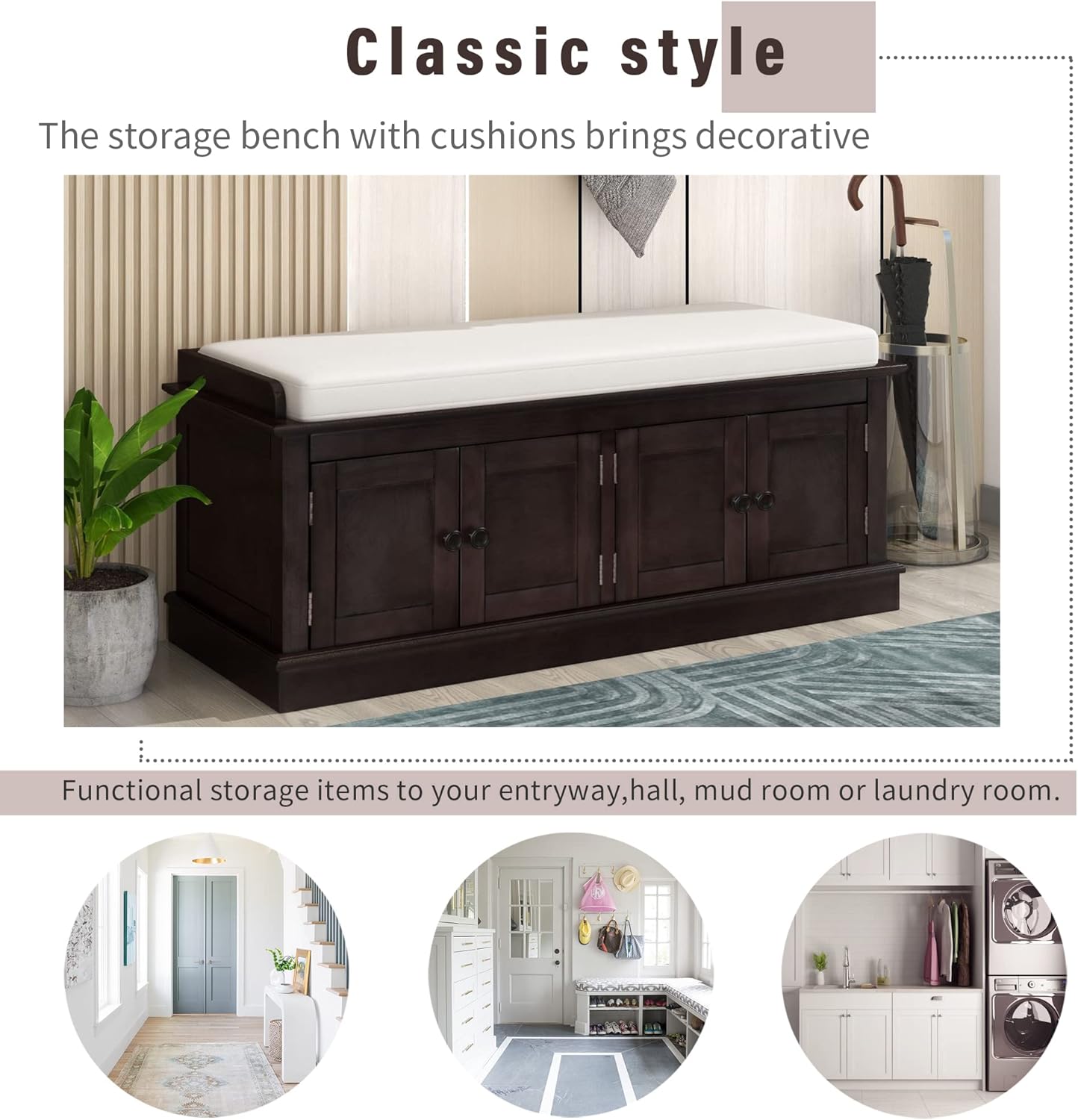 Vintage Hallway Storage Bench with 4 Doors and Adjustable Shelves,Entryway Shoe Rack W/Removable Cushion,for Living Room Bedroom Porch,Espresso,42″