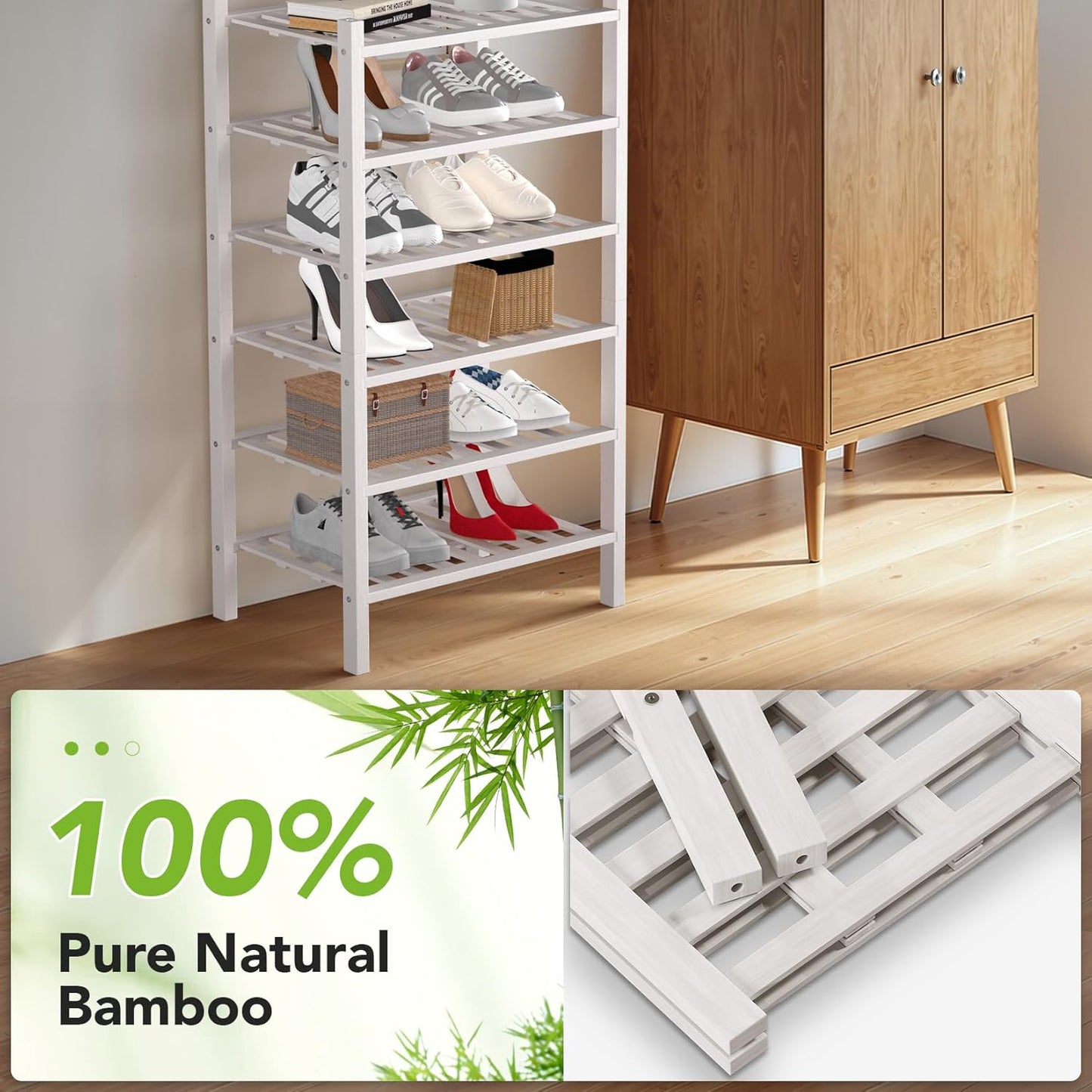 Haddockway small 6 Tier Bamboo Shoe Rack Storage Organizer, Multifunctional Free Standing Stackable Shoe Shelf with Grid Panel for Closet,Hallway,Entryway,Small Space 18"x11"x34"(White, 6-Tier(Small))