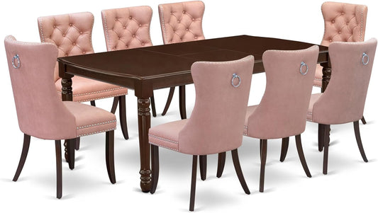 East West Furniture DODA9-MAH-23 9 Piece Kitchen Table Set Includes a Rectangle Dining Table with Butterfly Leaf and 8 Polyester Fabric Upholstered Chairs, 42x78 Inch, Mahogany