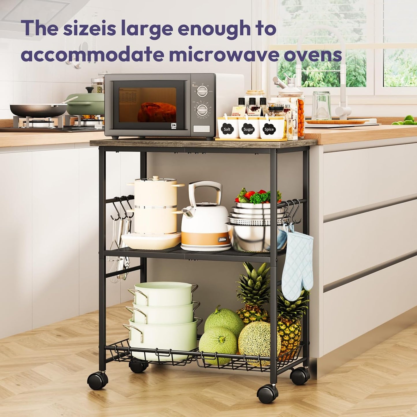 SWTYMIKI Rolling Kitchen Microwave Cart - 3 Tier Microwave Table Stand with Storage Basket and Hooks, Kitchen Utility Cart on Wheels, Coffee Cart Shelf Rack Organizer for Living Room Office, Balcony