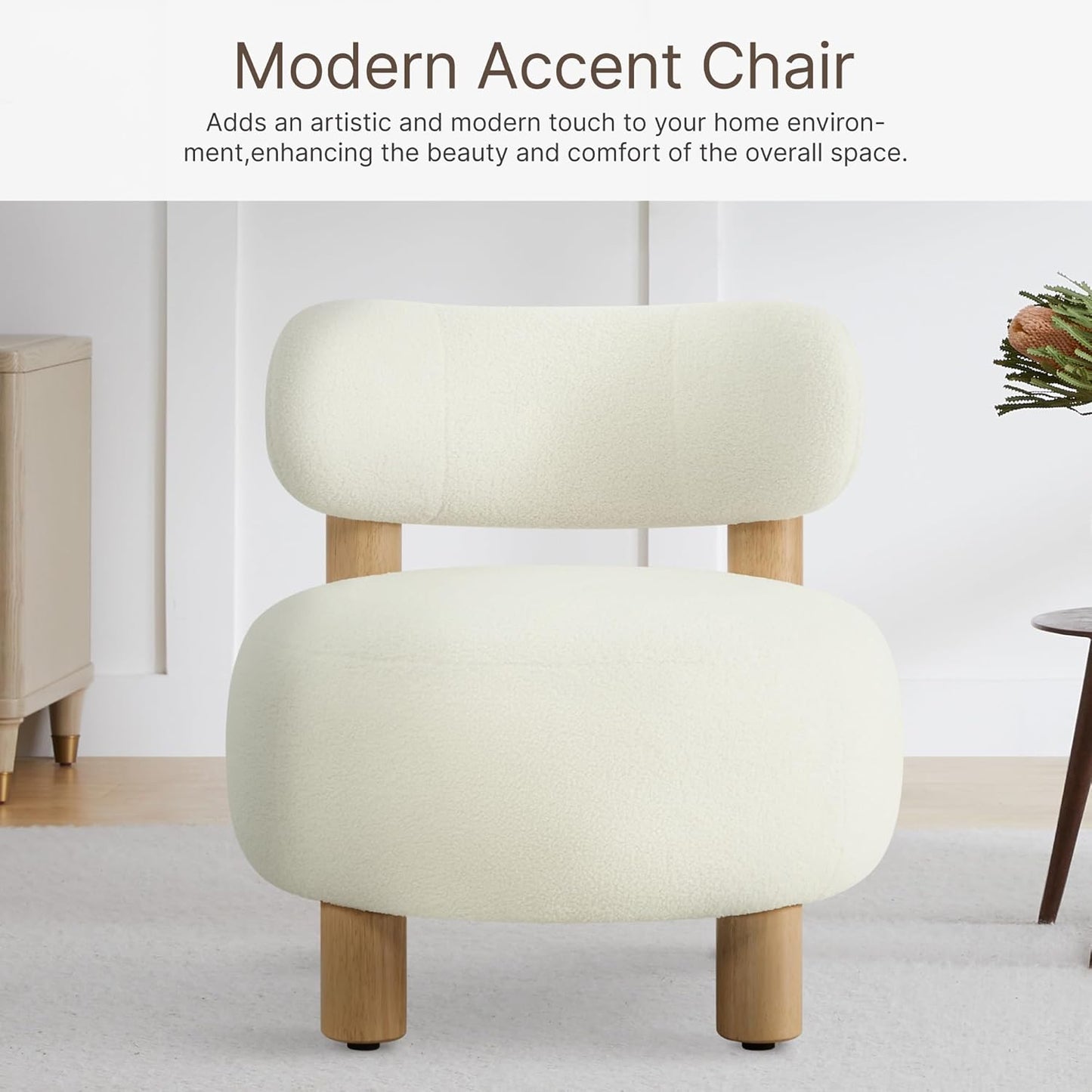 Modern Boucle Accent Chair Set of 2, with Plush Faux Sherpa Upholstery, Curved Backrest, Solid Wood Legs for Living Room Bedroom Reading Nook, 27.5", White