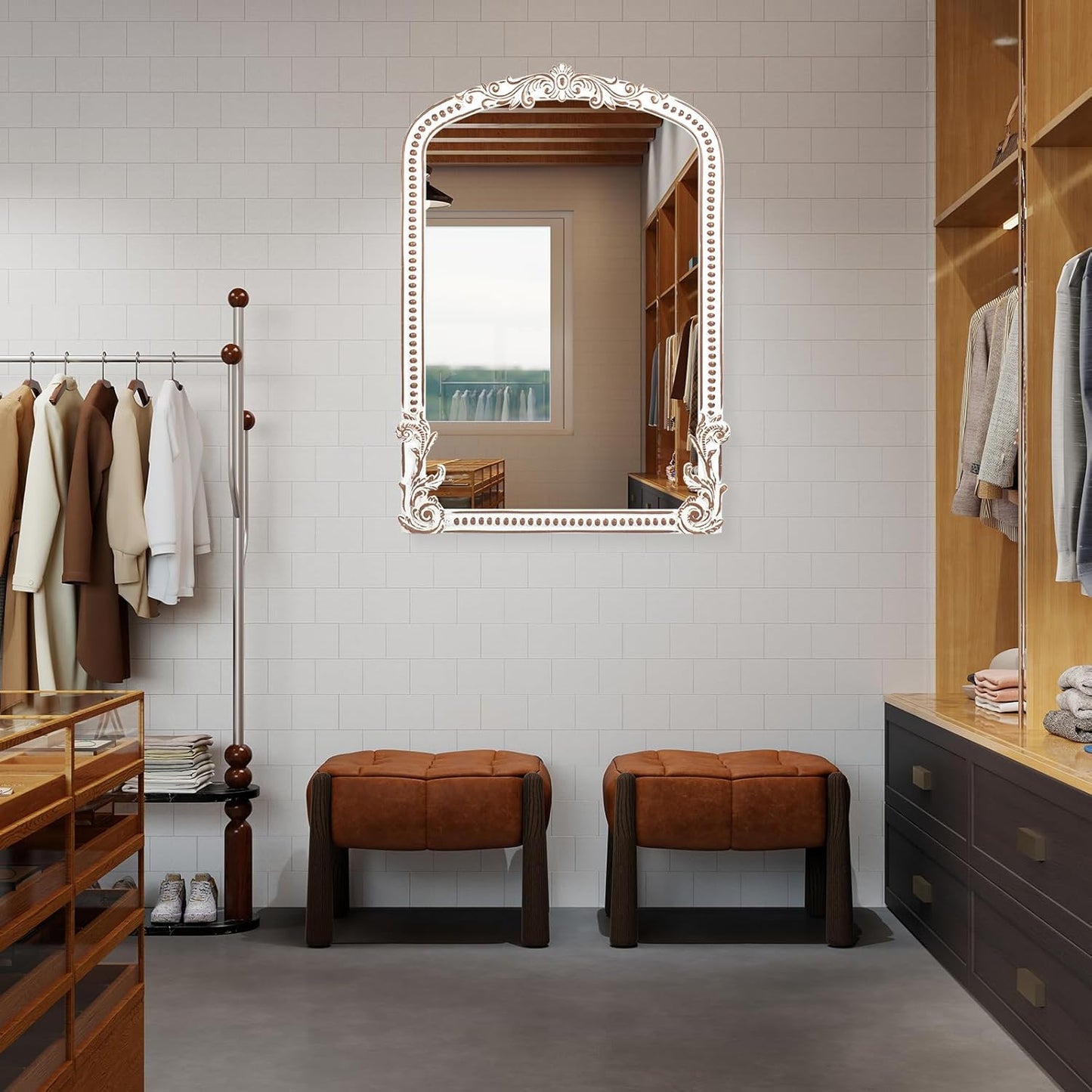 25x35 Inch Baroque Arched Wall Mirror Wooden, Rustic Farmhouse Decorative Mirrors for Fireplace, Entryway, Living Room, Bedroom, Bathroom