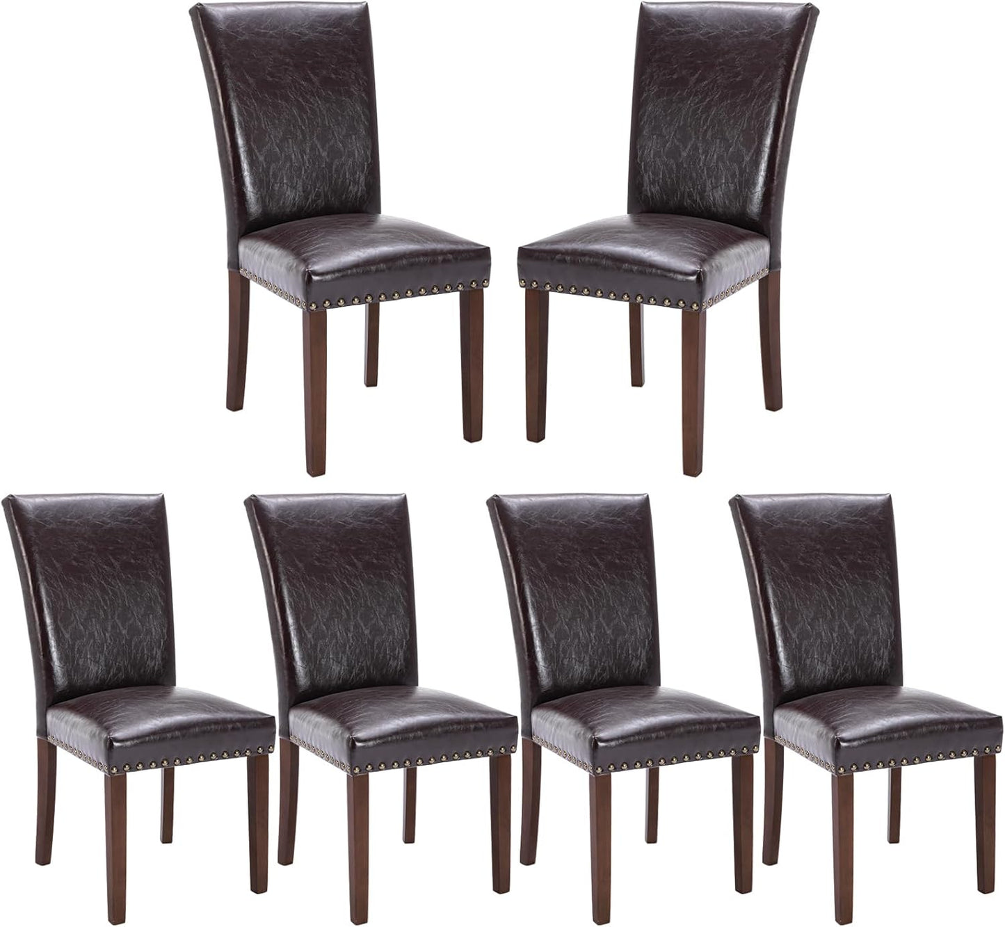 COLAMY Upholstered Parsons Dining Chairs Set of 6, PU Leather Dining Room Kitchen Side Chair with Nailhead Trim and Wood Legs - Dark Brown
