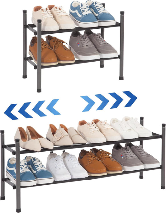 STORAGE MANIAC Expandable Shoe Rack, 8 Pairs Stackable Small Shoe Rack, Metal Adjustable Shoes Organizer for Closet, Entryway, Hallway, Garage, Front Door, Shoes Shelves, Black 2 Tier