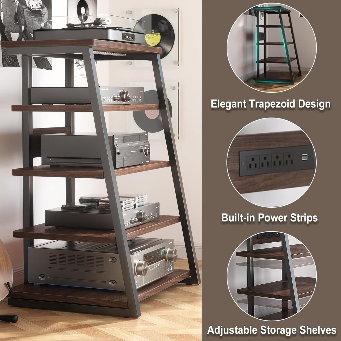 armocity 5-Tier AV Media Stand with Power Strips, Media Console with LED Lights, Audio Tower Rack with Adjustable Shelves, Stereo Stands and Racks, 40.8'', Black Walnut