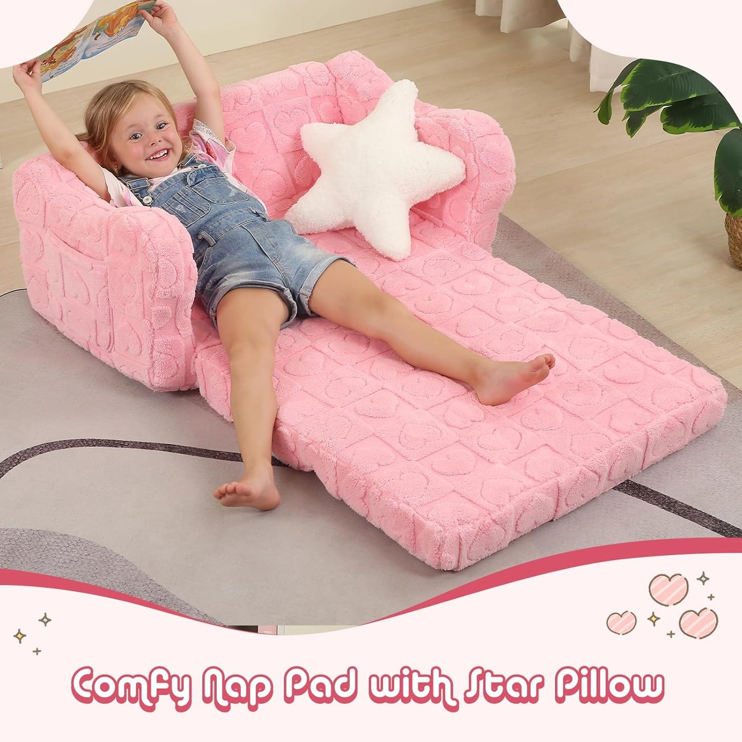 Extra Wider Seating Toddler Couch, 2-in-1 Toddler Soft Couch Fold Out with Star Pillow, Convertible Sofa to Lounger for Girls and Boys, Pink Heart