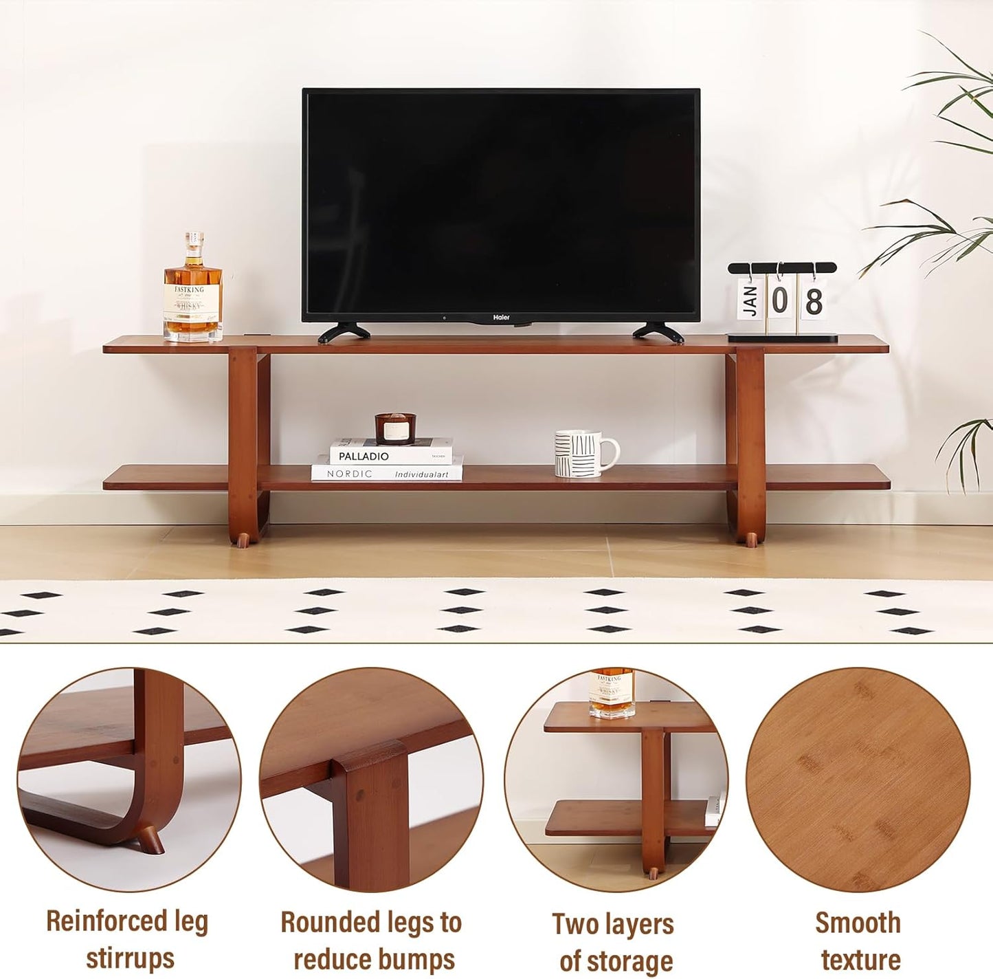 Tiita TV Stand with Storage for TVs up to 65'', Bamboo TV Console Entertainment Center with 2 Open Shelf, Mid Century Modern Media Console for Living Room, Bedroom, Walnut