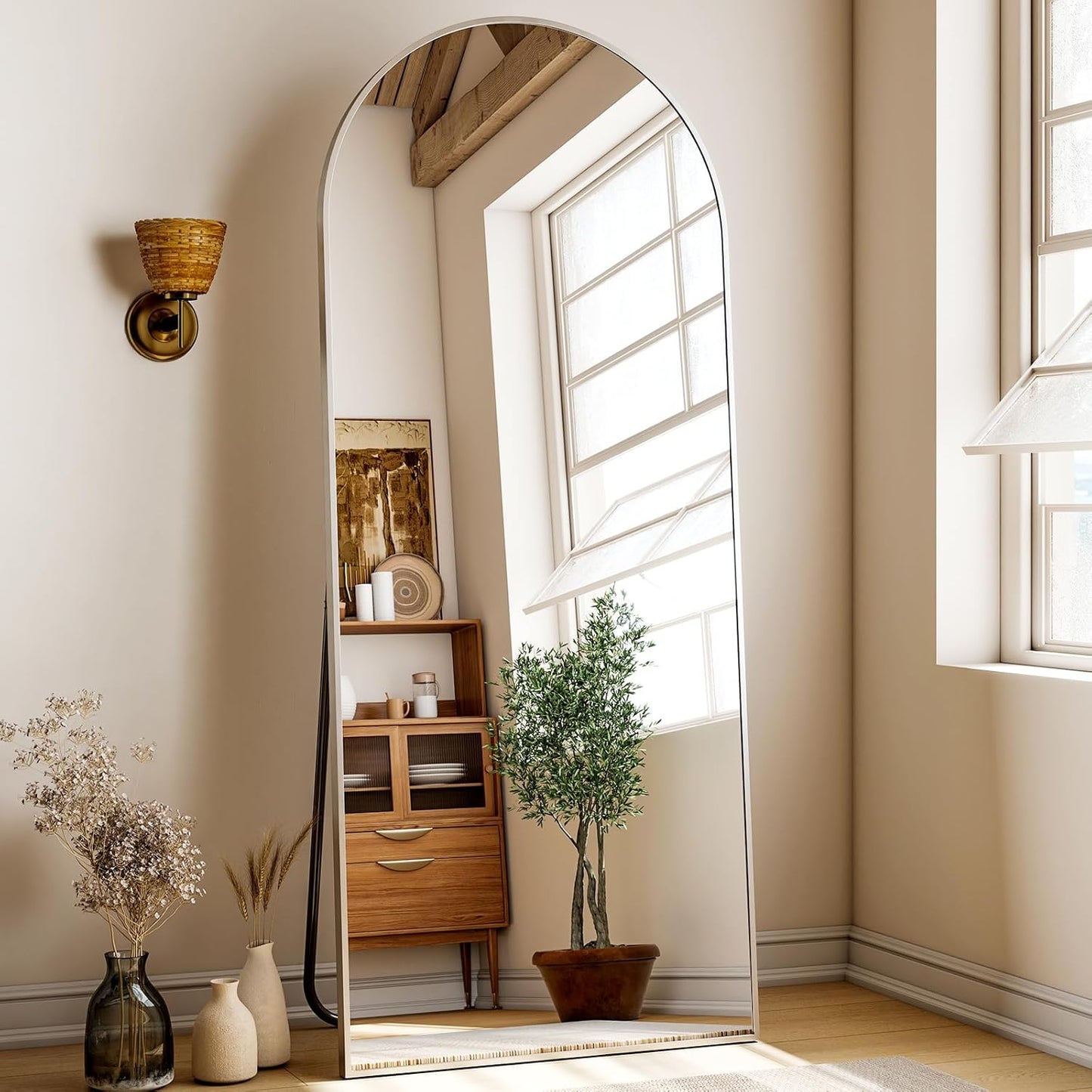 24x68 Arched Full Length Mirror Floor Mirrors with Aluminum Alloy Frame Free-Standing Wall Mounted Floor Mirrors or Large Dressing Mirror, Silver Mirror Full Length