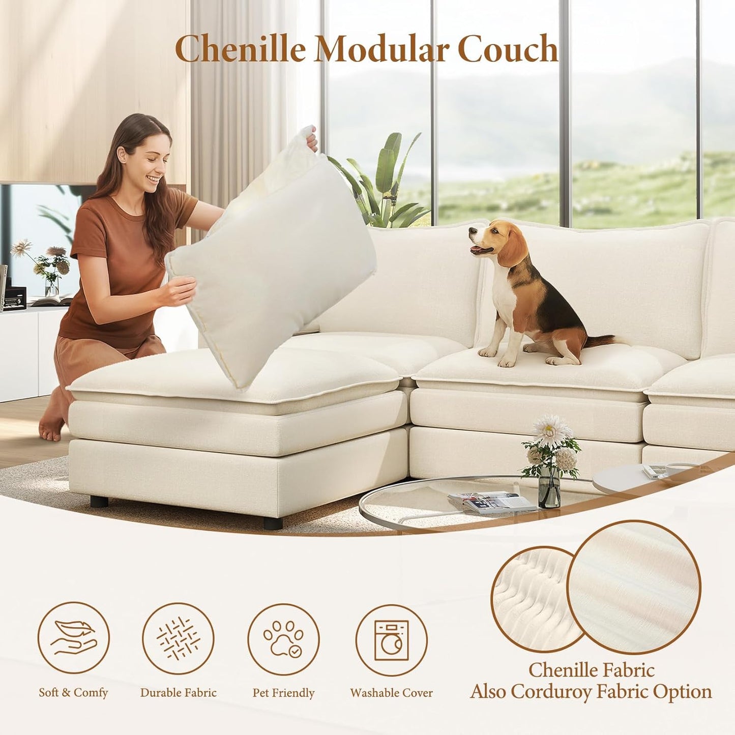 Vesgantti 108" U Shaped Sectional Couch, Comfy Cloud Modular Sectional Sofa with 2 Ottoman Deep Seat Chenille Modern Cloud Sofa, Modular Sofas for Living Room, Bedroom and Apartment, Beige
