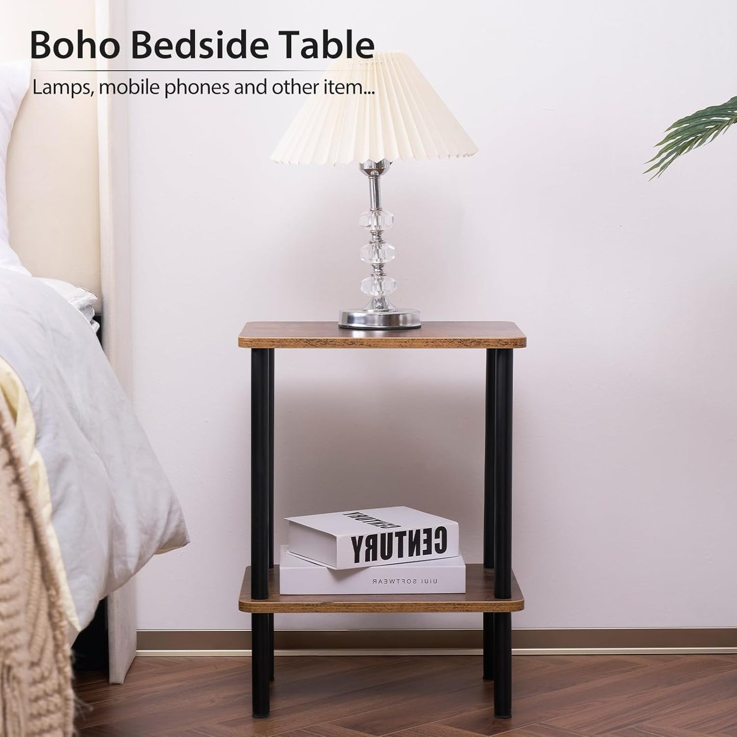 Apicizon 2 Tier End Table Set of 2, Small Side Table with Solid Wood Legs, Boho Bedside Table with Storage Shelf, Nightstand for Small Spaces, Bedroom, Living Room, Entryway, Easy Assembly, Brown