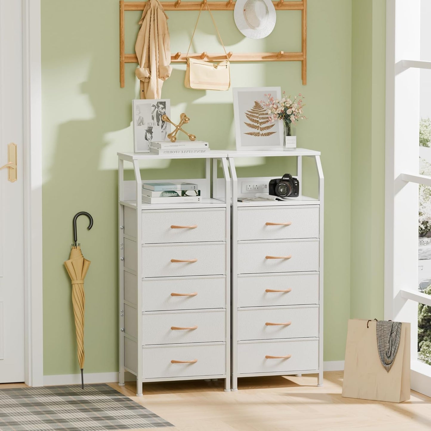 Furnulem 5 Drawers Dresser with Charging Station, Tall Night Stand with Open Shelf, Storage Tower with PVC & Fabric Drawer, Bedside Table for Bedroom, Closet, Entryway, 3 Ways to Use, White