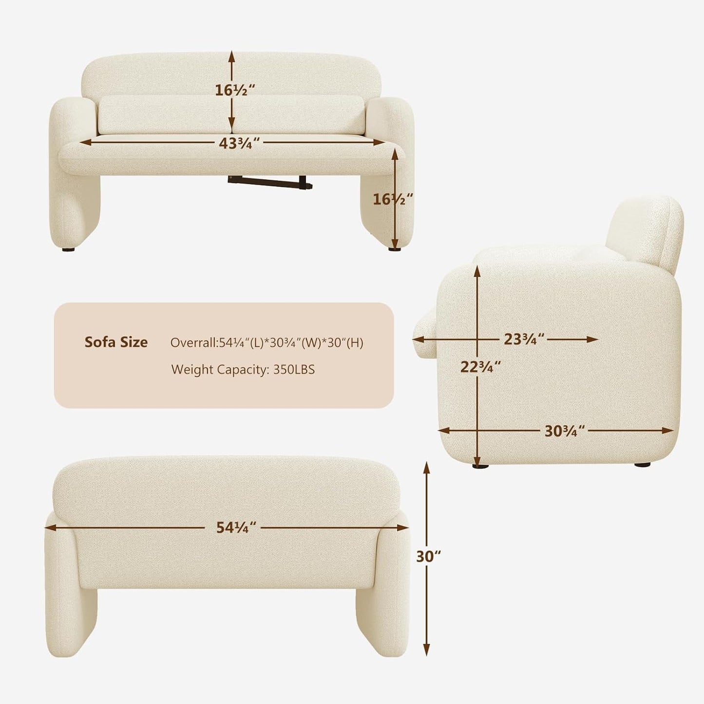 Furnimart Modern Loveseat Sofa, 54" 2-Seater Boucle Sofa, Comfy Upholstered Minimalist Couch, Small Couches for Small Spaces, Apartment, Office, Living Room, Bedroom, Dorm, Chenille White