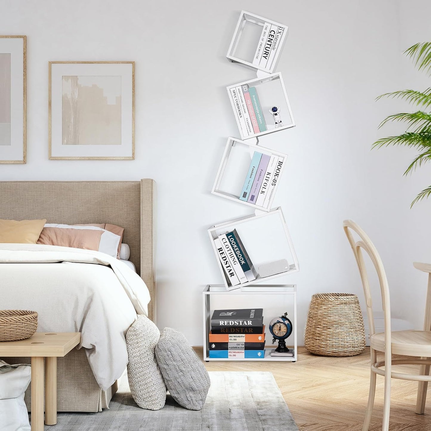 67-Inch 5-Tier Floating Bookshelf – Staggered Geometric Design, Freestanding Metal Storage & Display Rack for Home & Office (White)