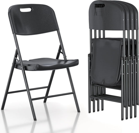 VECELO 4 Pack Folding Chairs, Indoor/Outdoor Use Plastic Seat with Steel Frame, for Events, Office, Wedding, Party, Stackable & Portable, Black